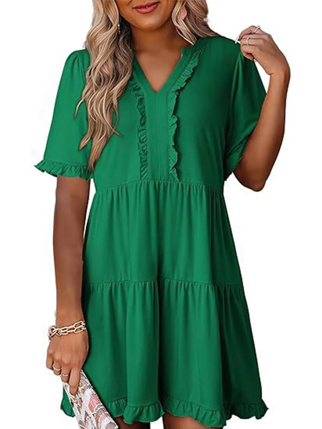 Tiered Notched Short Sleeve Mini Dress by Gen Beauty