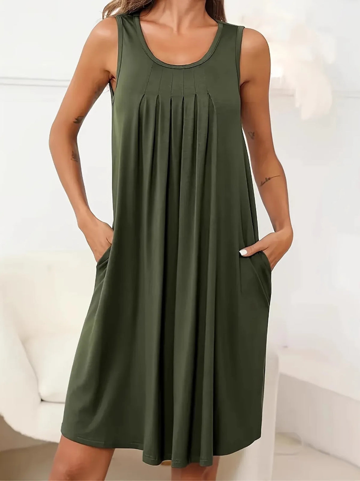 Pleated Tank Dress with Pockets in Army Green