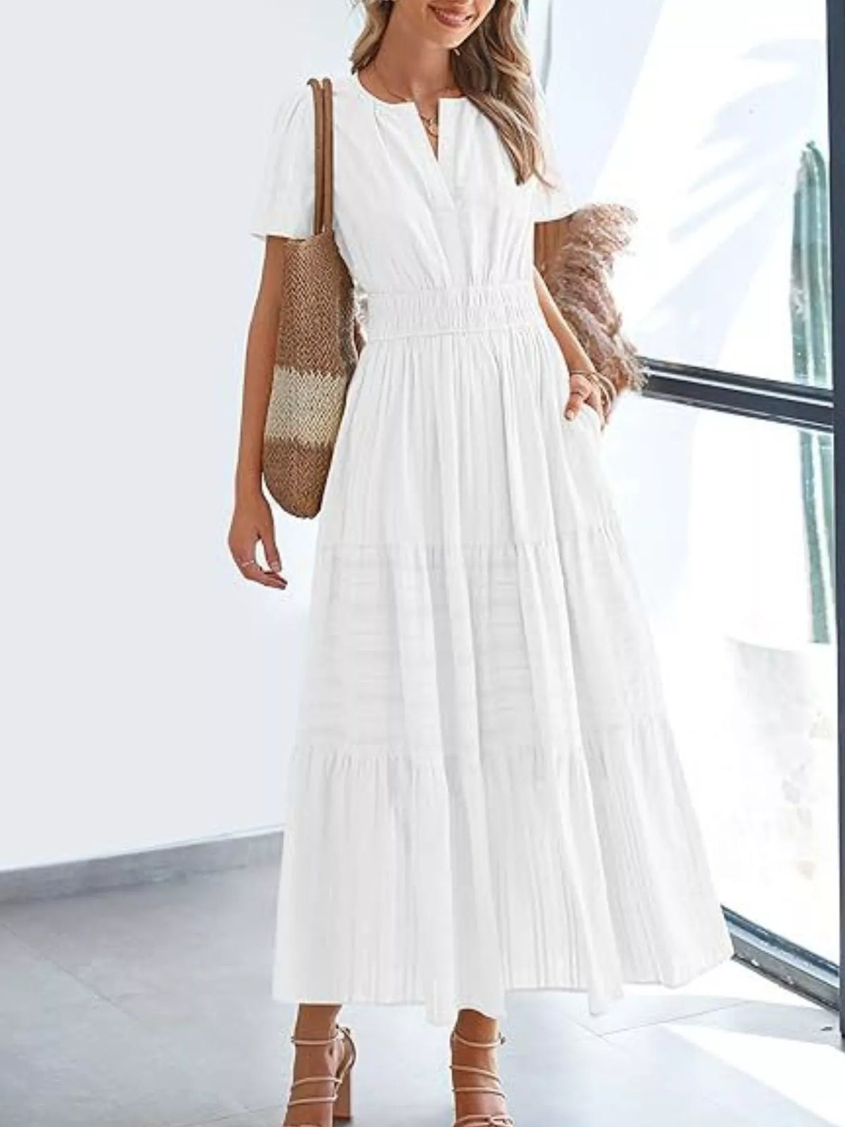 Short Sleeve Tiered Midi Dress with Pockets