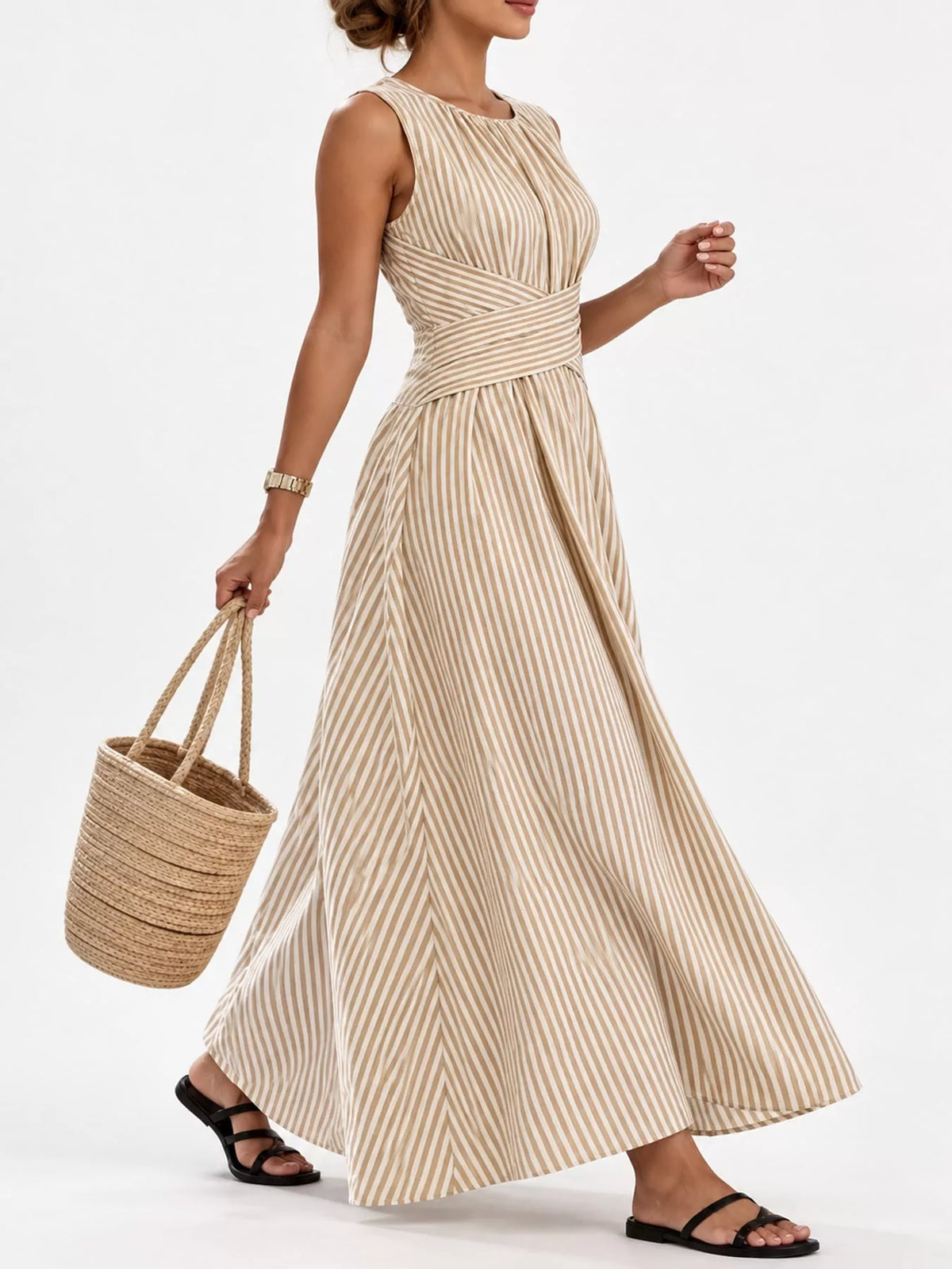 Sleeveless Striped Maxi Dress with Criss-Cross Waist