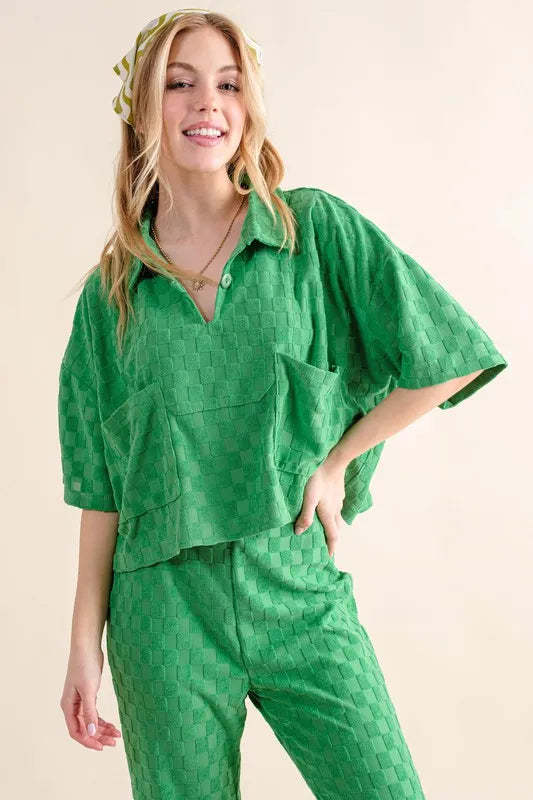 And The Why Checkerboard Print Top in Green