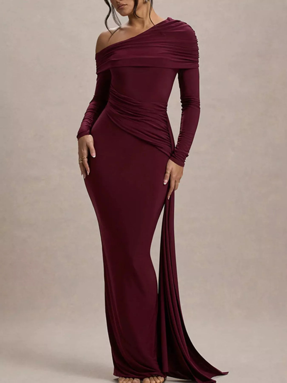 One-Shoulder Ruched Maxi Dress in Wine Red