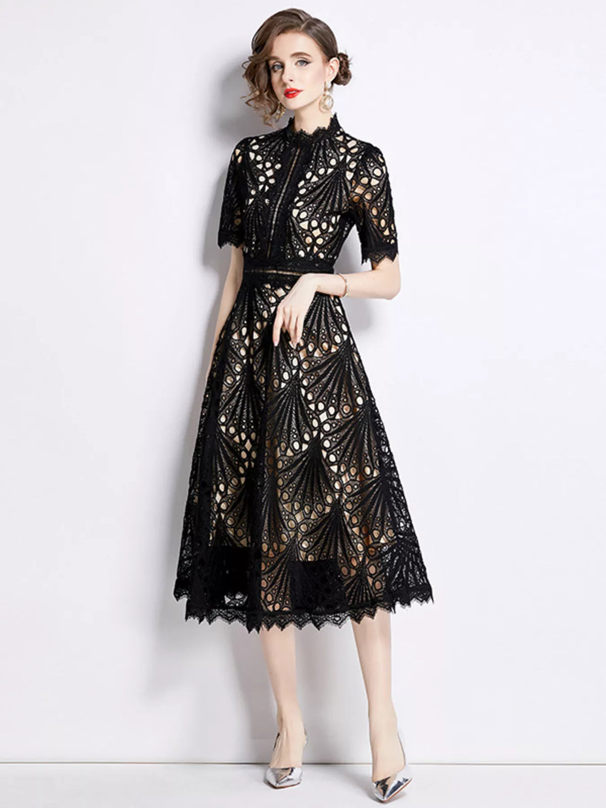 Lace Short Sleeve Midi Dress