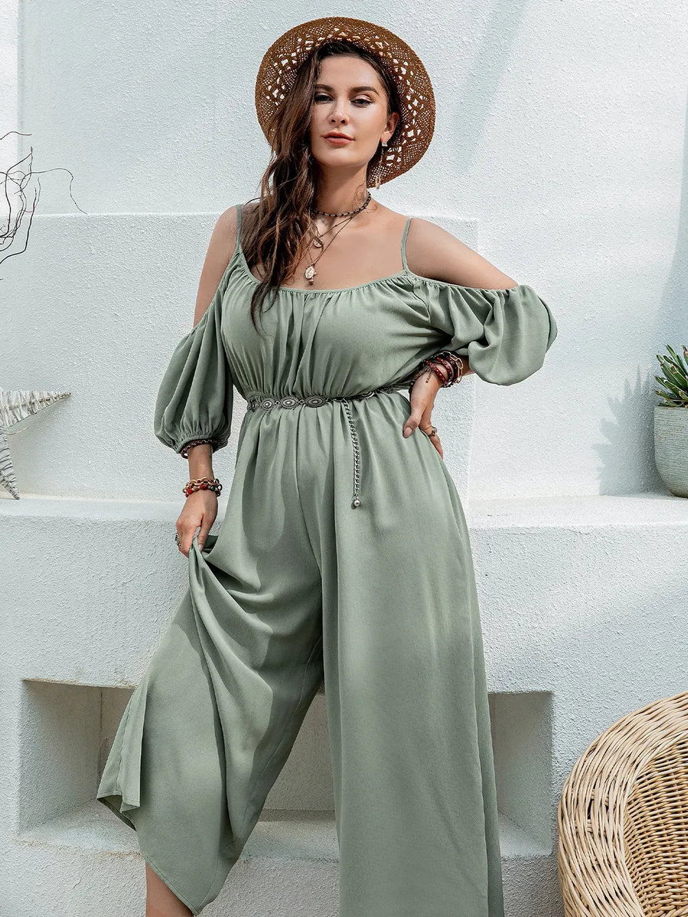 Spaghetti Strap Wide Leg Jumpsuit in Sage