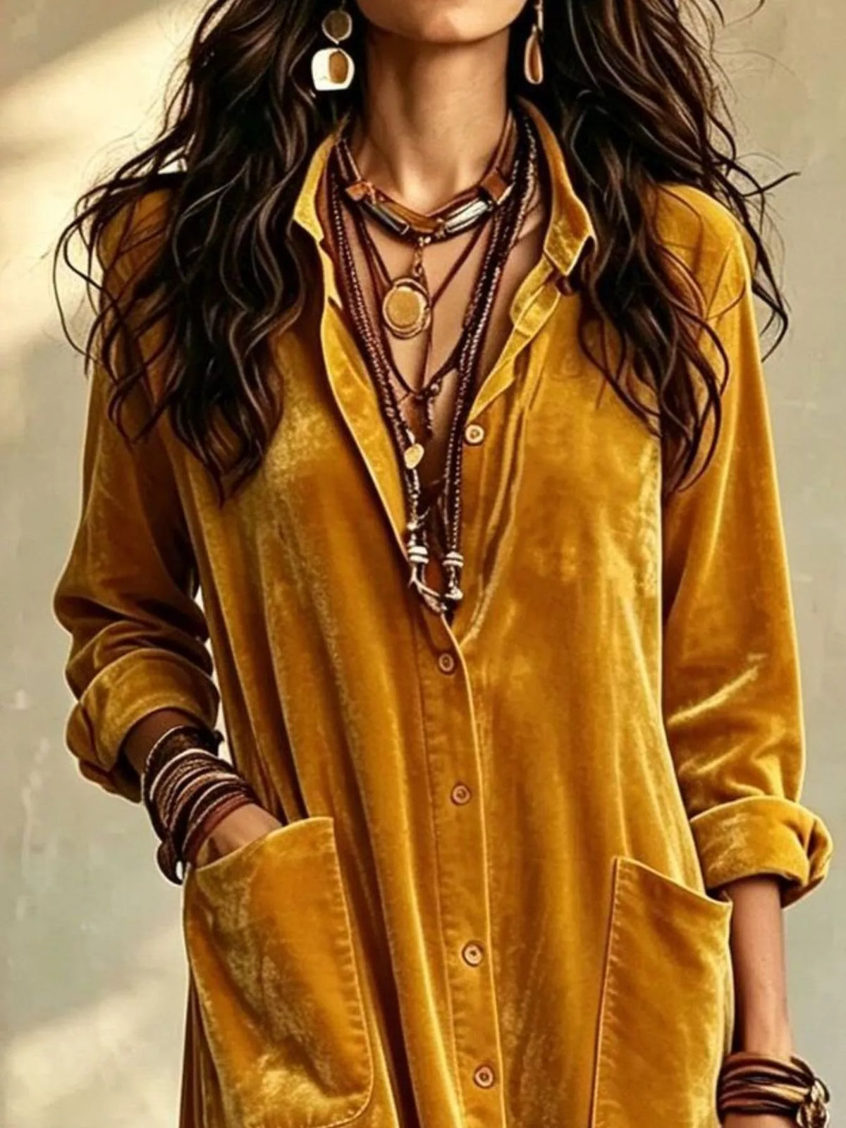 Bohemian Velvet Button-Down Maxi Dress