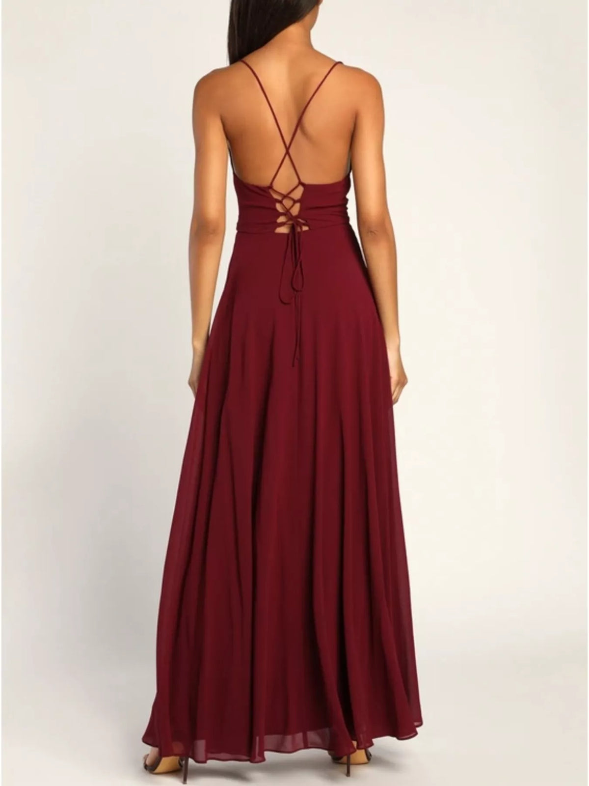 Backless Lace-Up Slit Cowl Neck Maxi Dress by Elegant Elements