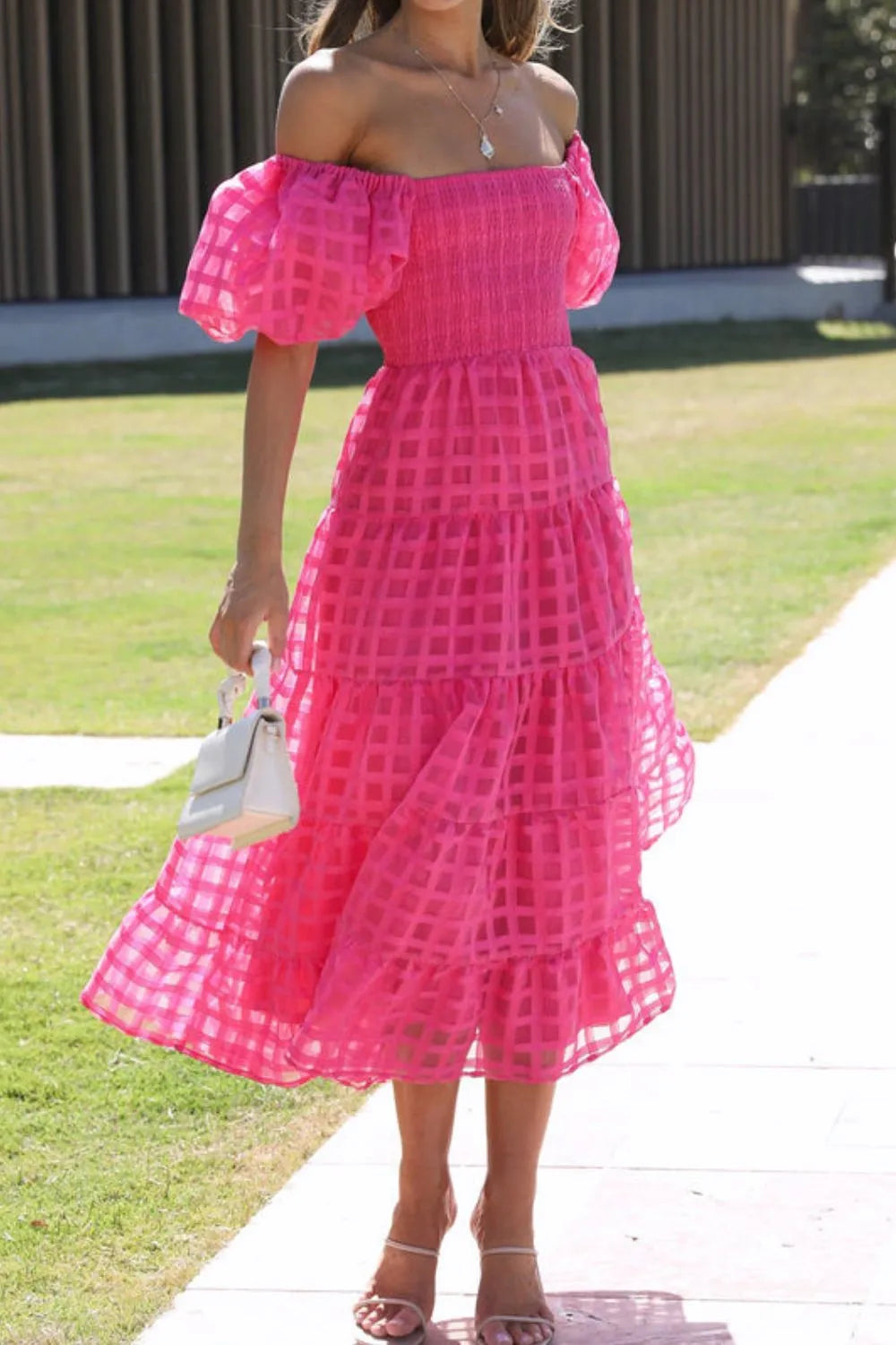 Off Shoulder Puff Sleeve Midi Dress