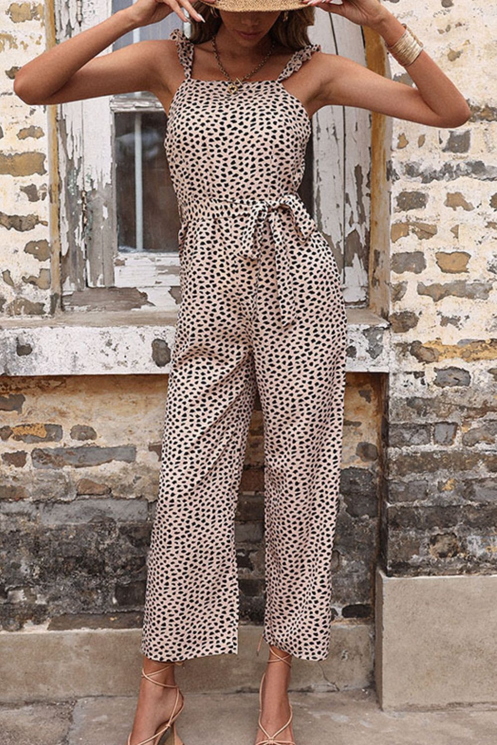 Printed Tie Waist Jumpsuit in Khaki