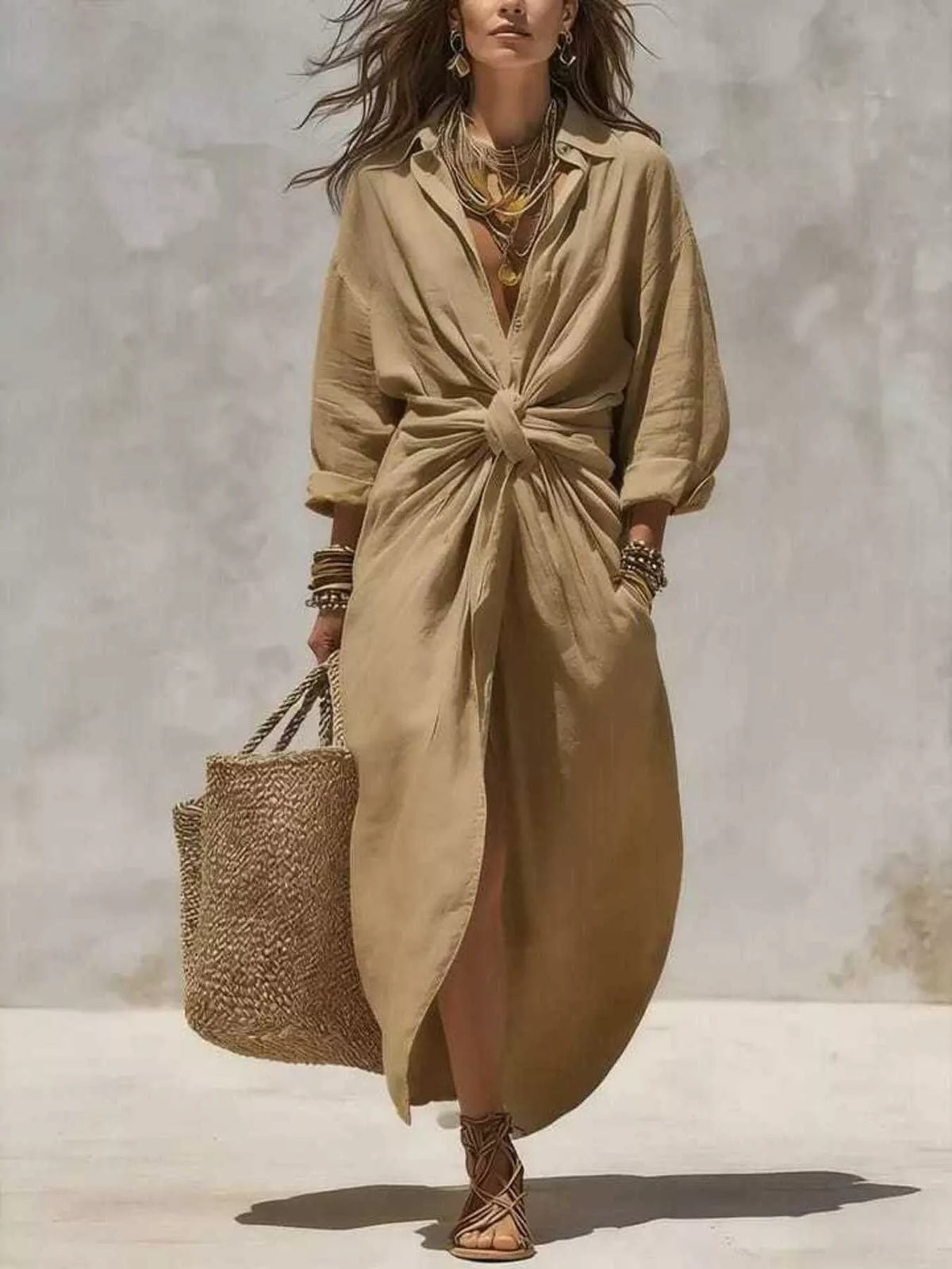 Front-Tie Maxi Shirt Dress
