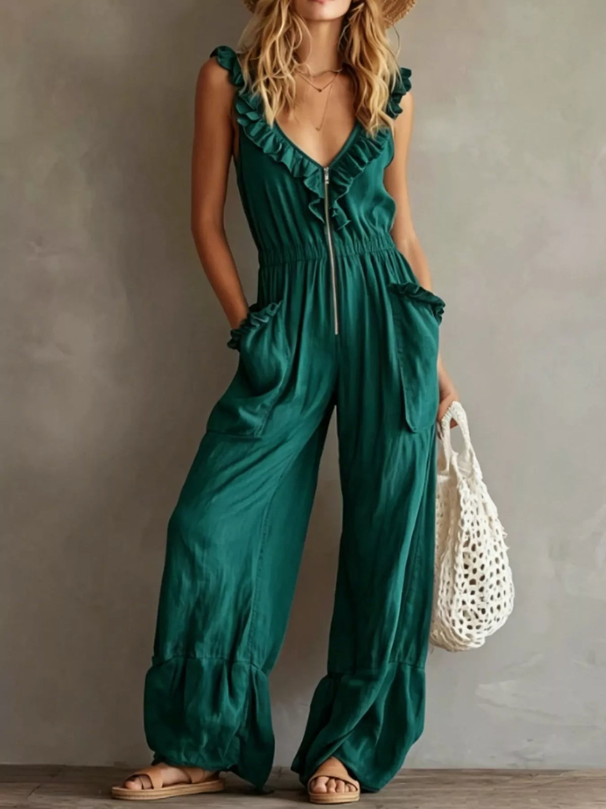 Ruffled V-Neck Jumpsuit with Pockets