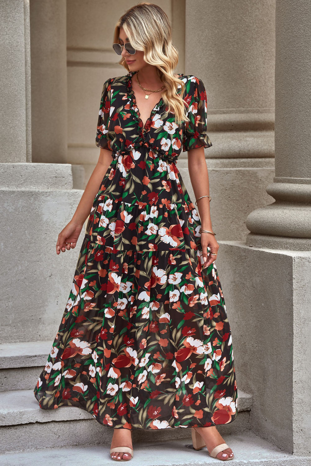Floral V-Neck Flounce Sleeve Dress