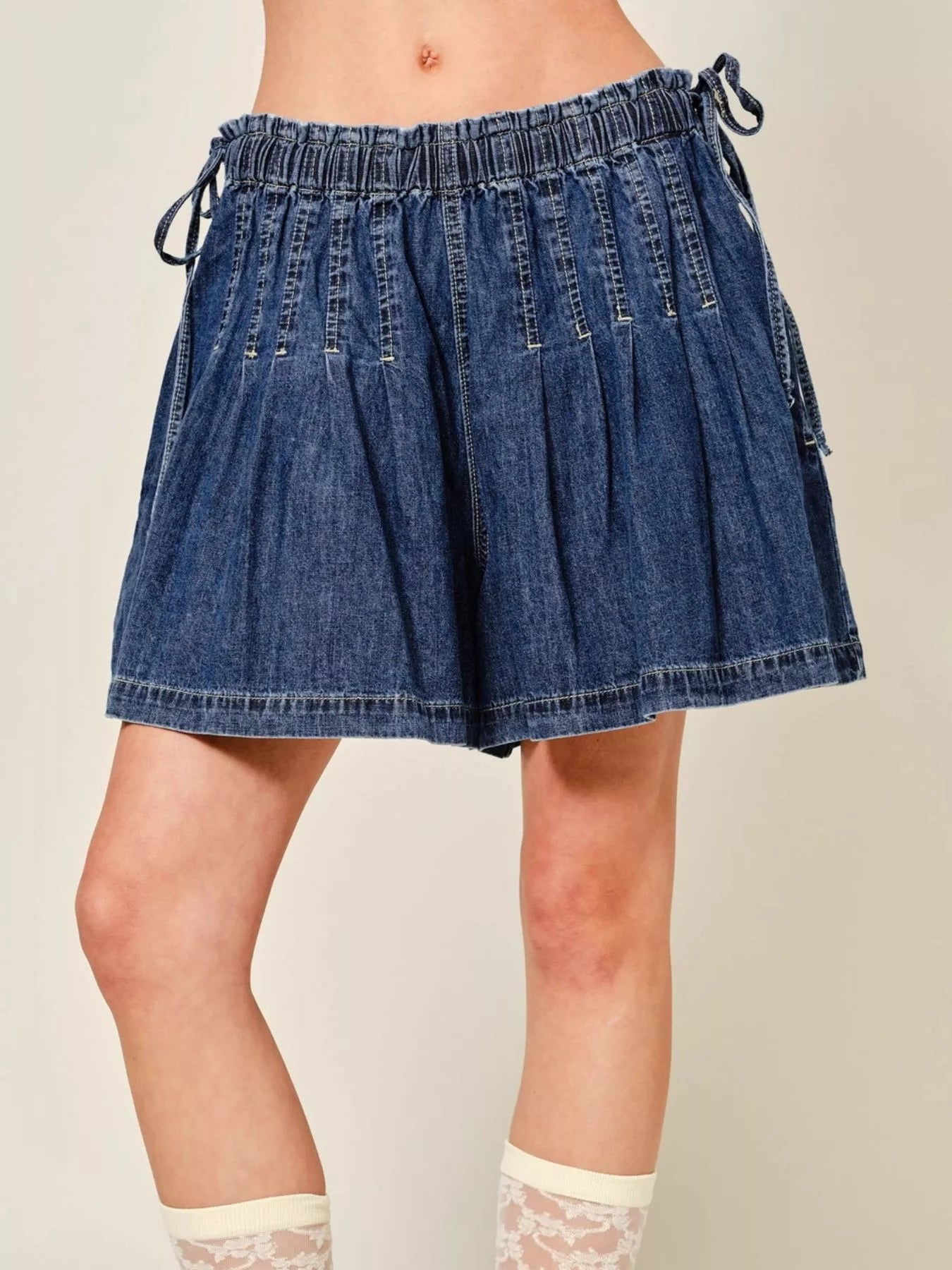 Pleated Elastic-Waist Denim Shorts