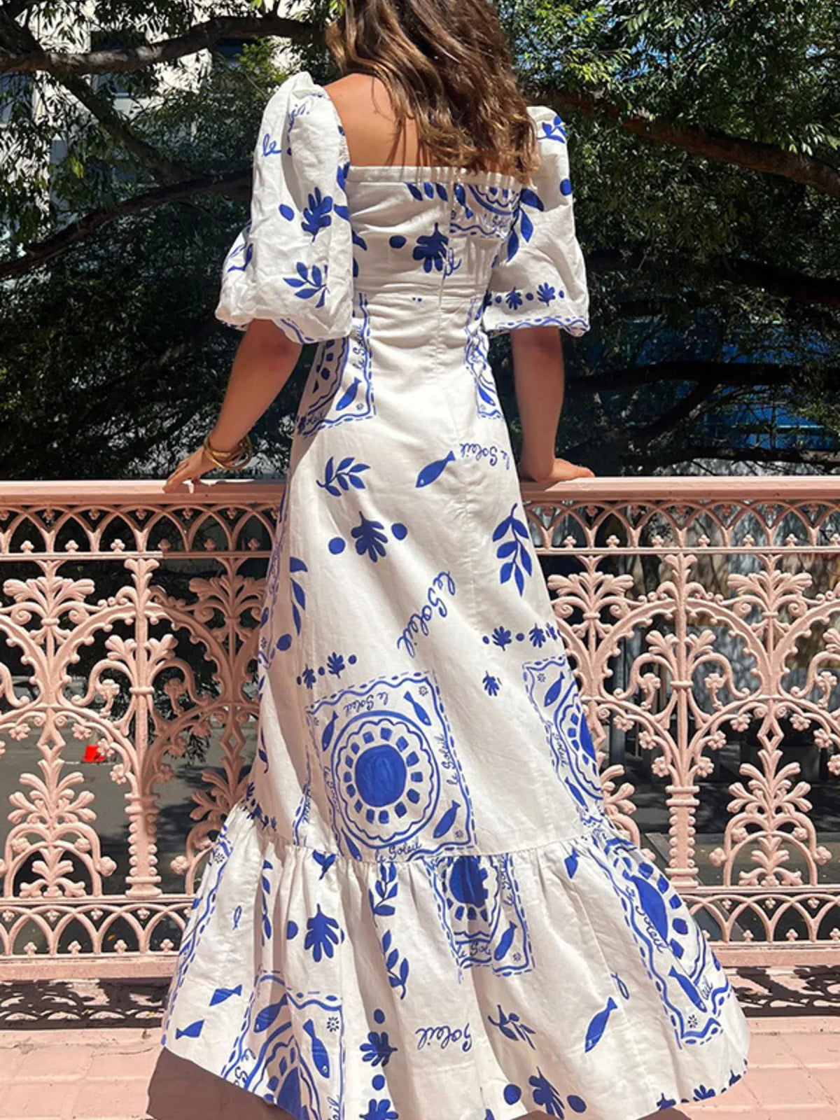 Floral Square-Neck Puff-Sleeve Maxi Dress in Blue