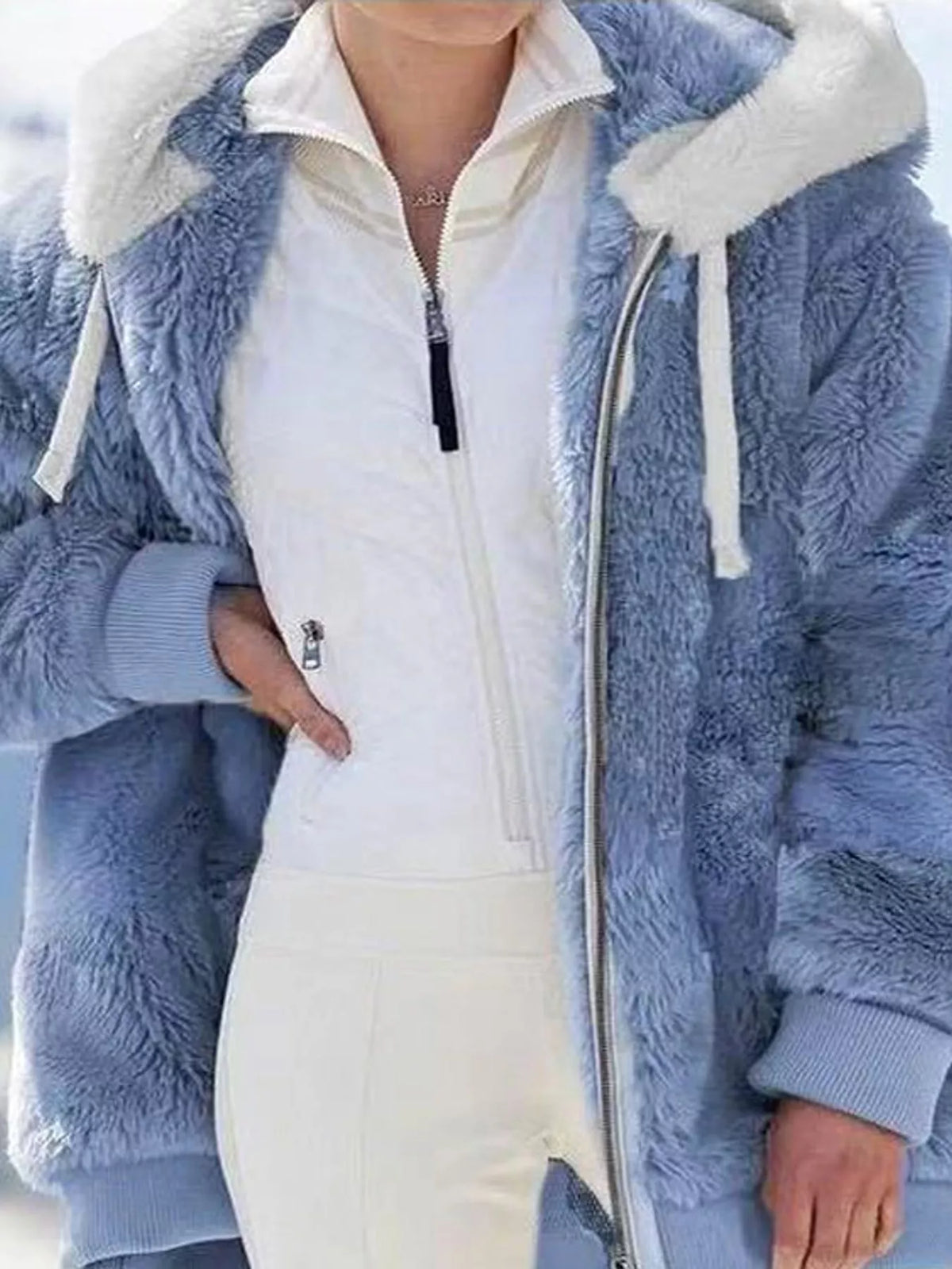 Faux Fur Hooded Zip-Up Jacket in White