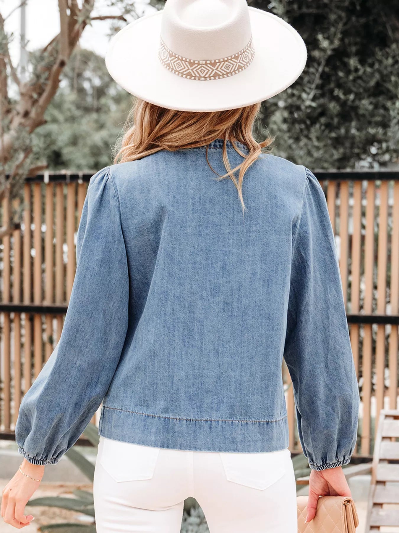 Tied Front Puff Sleeve Denim Top in Dusty Blue