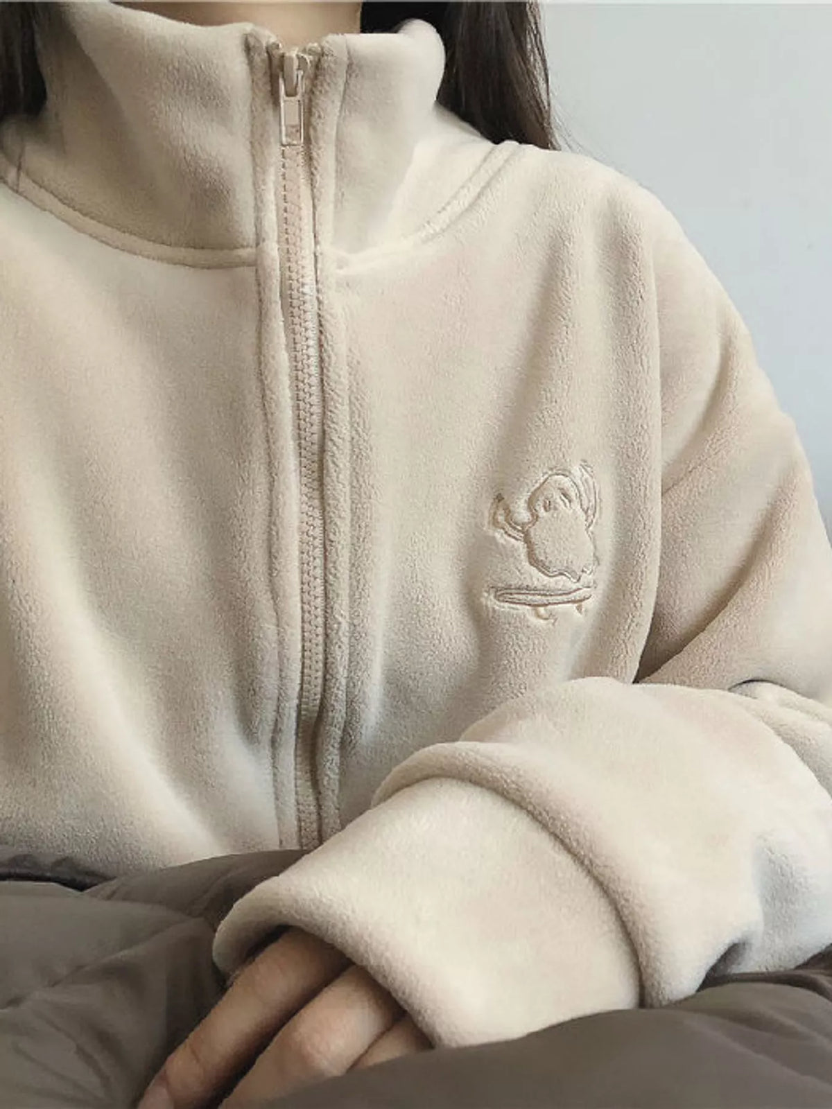 Embroidered Fleece Stand-Collar Jacket