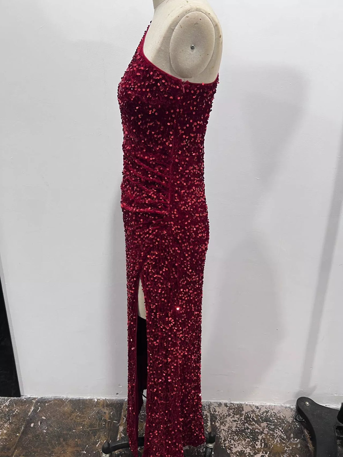 One-Shoulder Sequin High-Slit Evening Dress