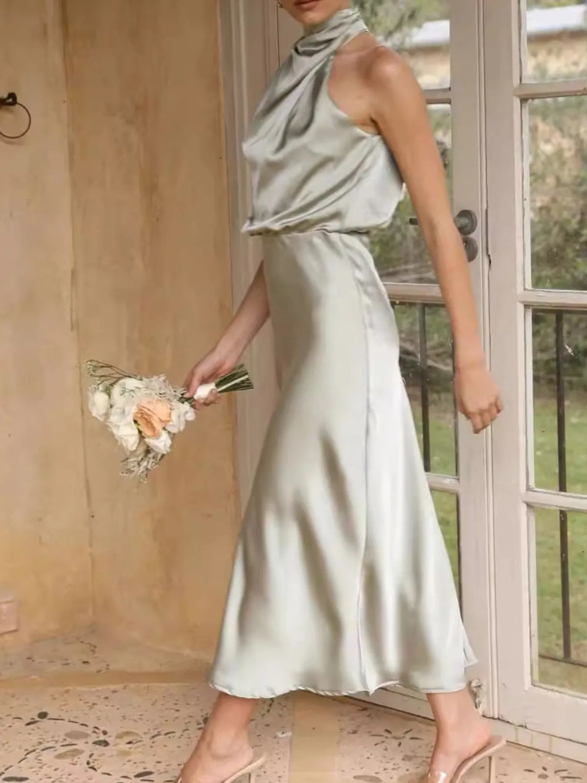 Twisted Asymmetrical Ruched Midi Dress