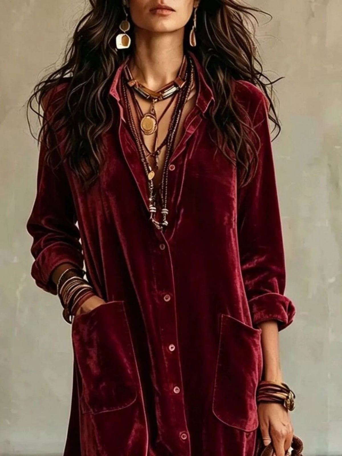 Bohemian Velvet Button-Down Maxi Dress