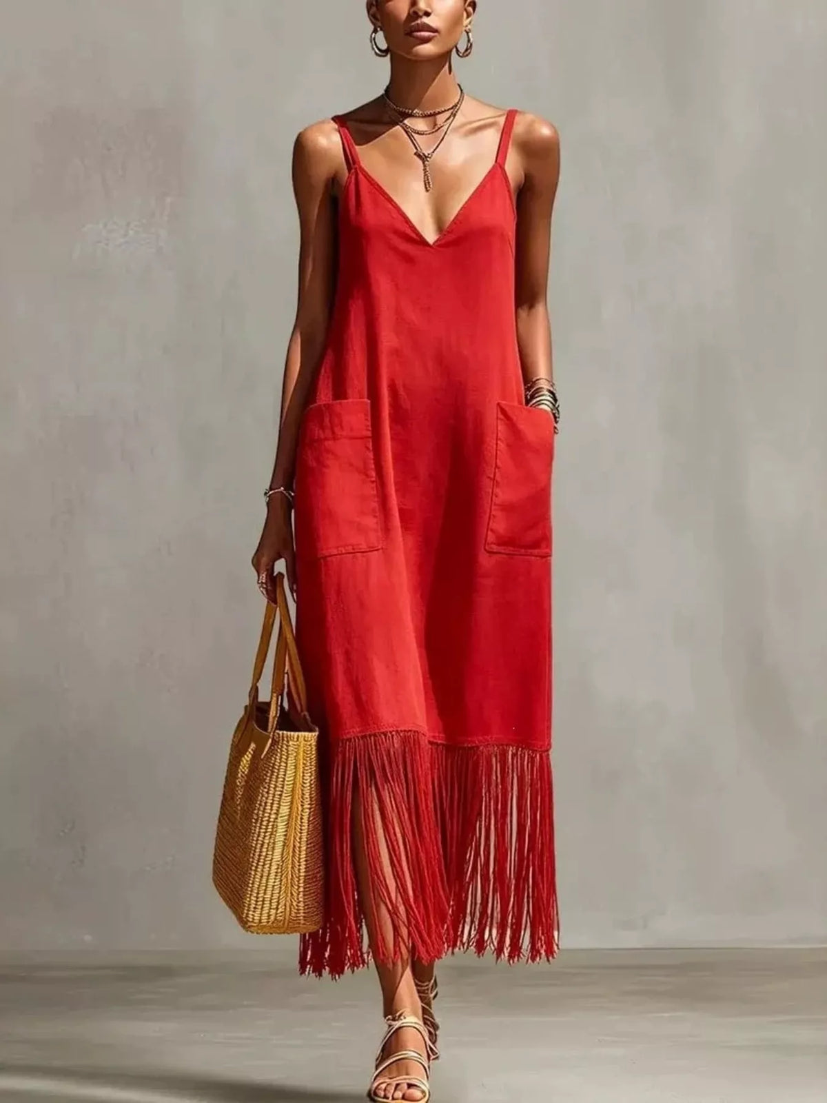 Fringe V-Neck Spaghetti Strap Dress in Blue