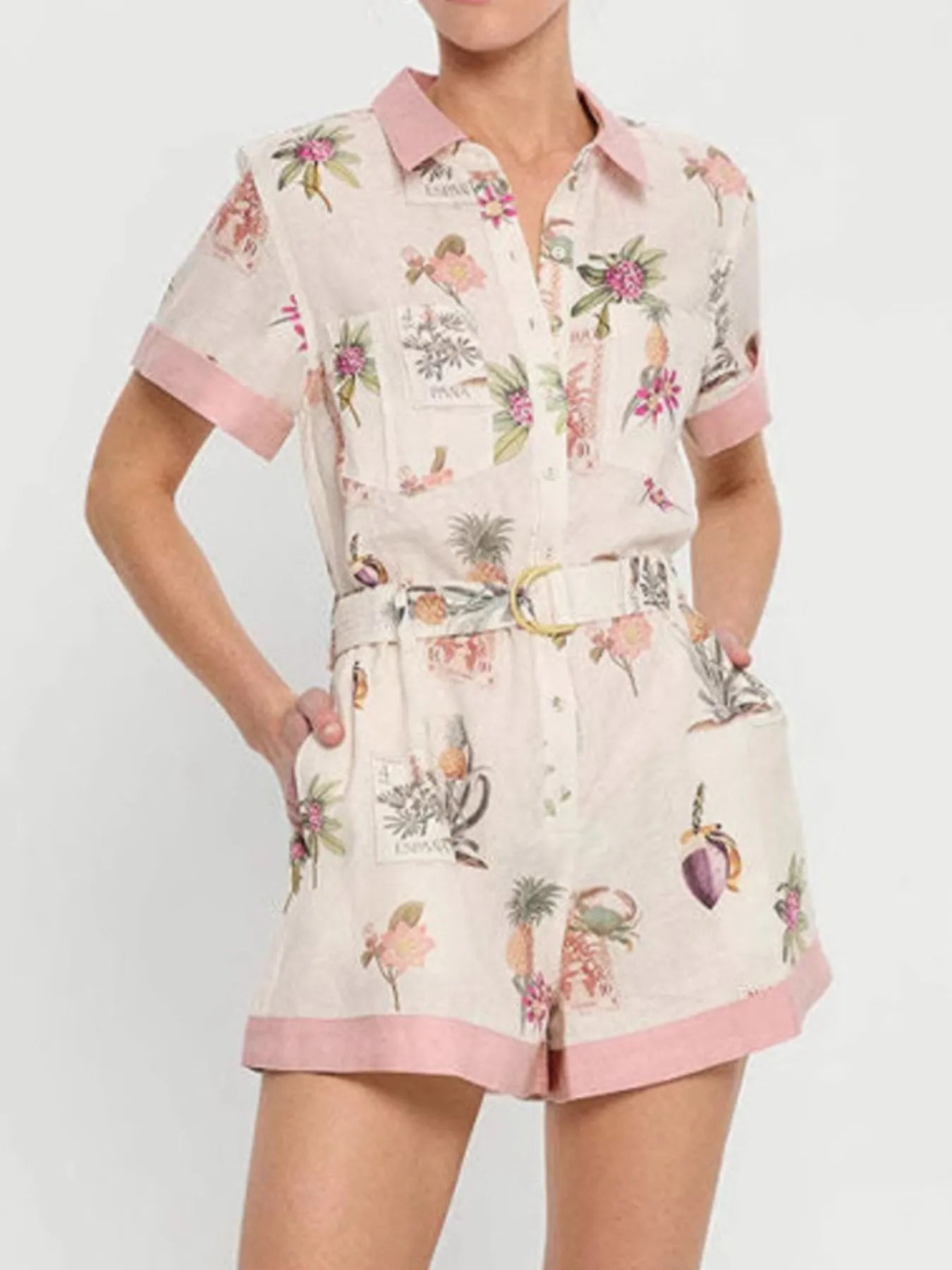 Belted Short Sleeve Romper in Multicolor