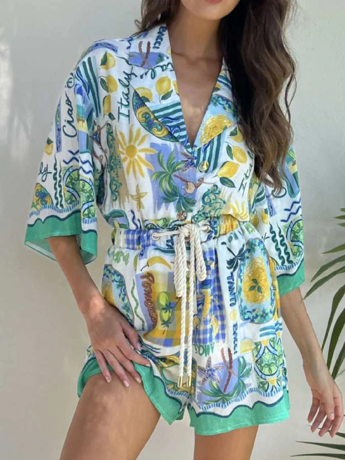Printed Collared Romper in Turquoise
