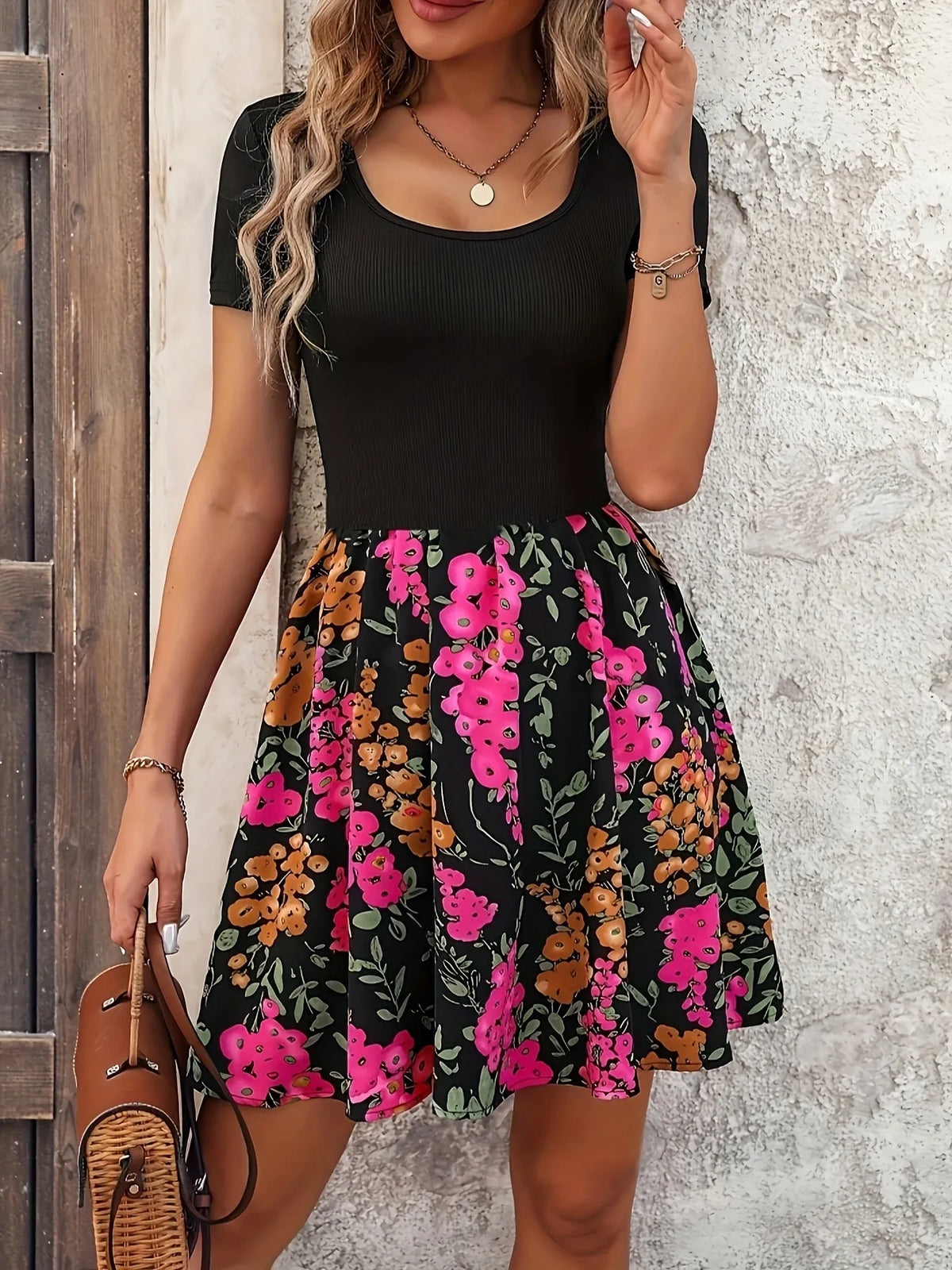 Short Sleeve Floral Mini Dress by Classic Comfort