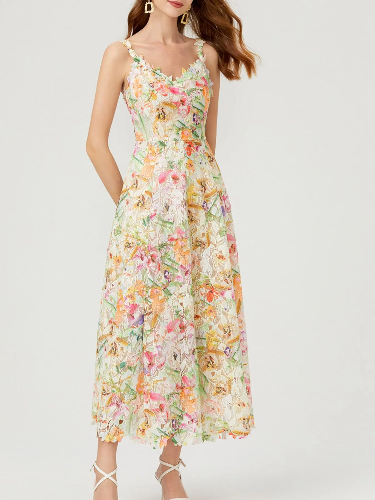 Floral Lace V-Neck Midi Dress