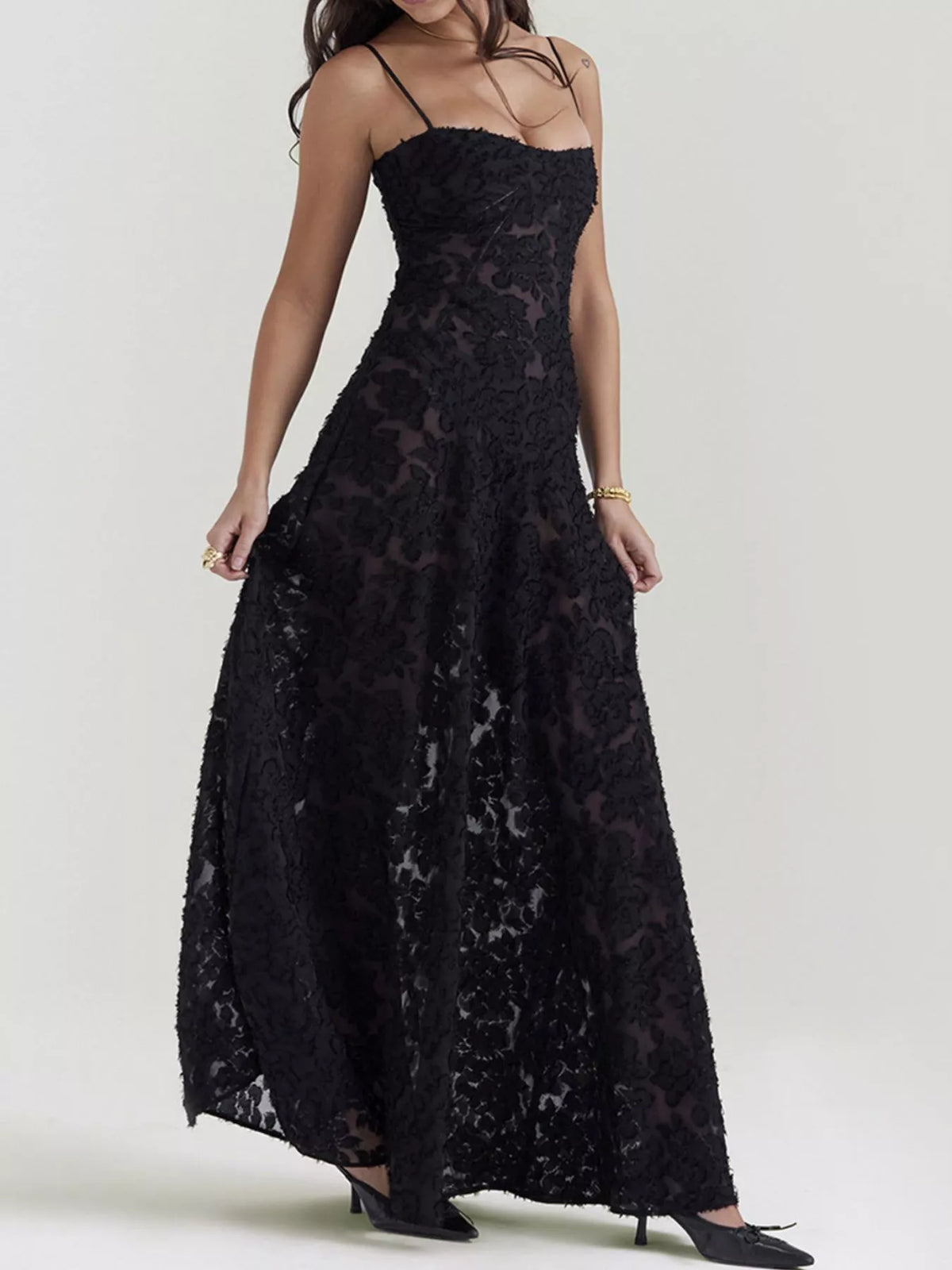 Lace-Up Spaghetti Strap Maxi Dress in Black by Elegant Elements