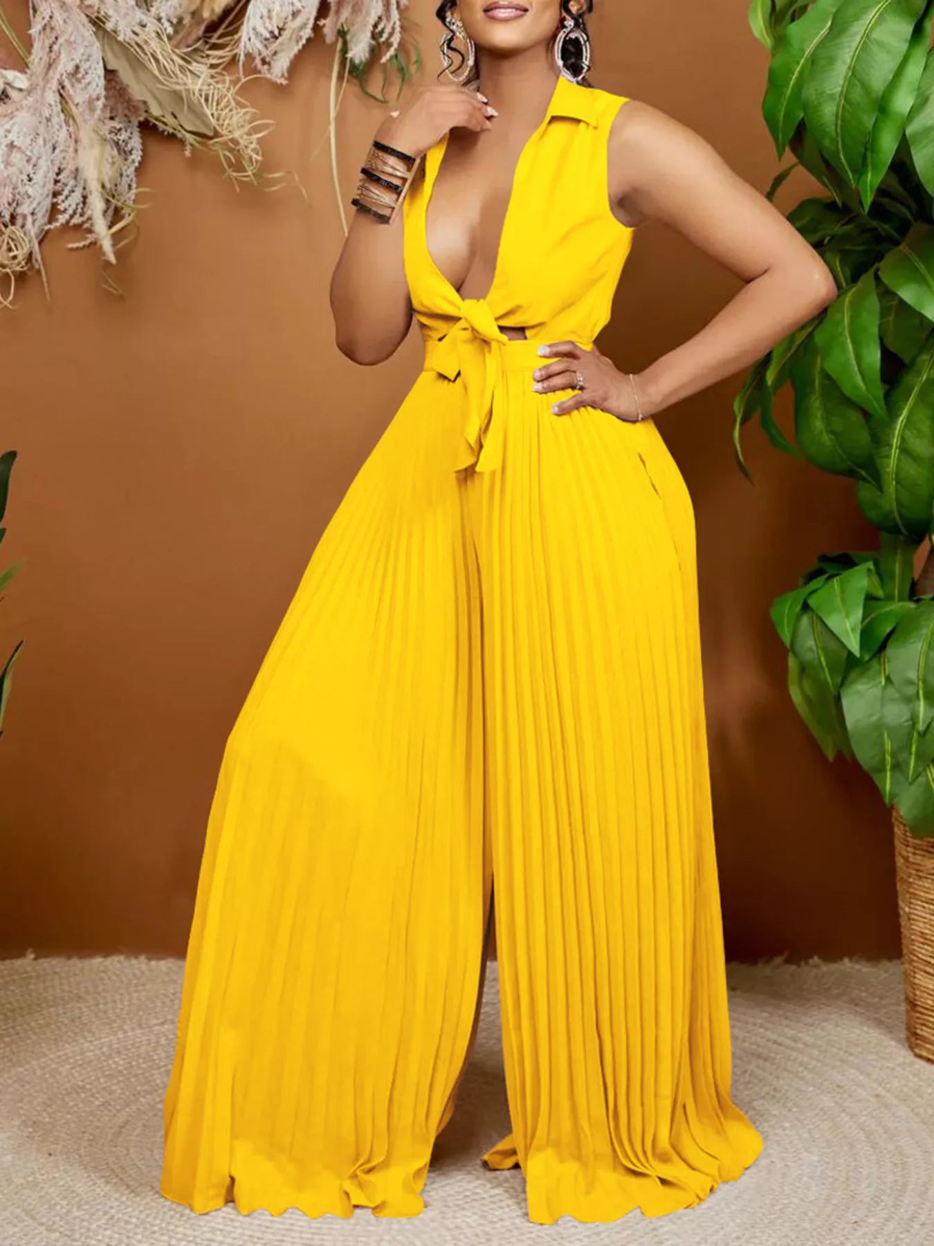 Tie-Front Pleated Wide Leg Jumpsuit