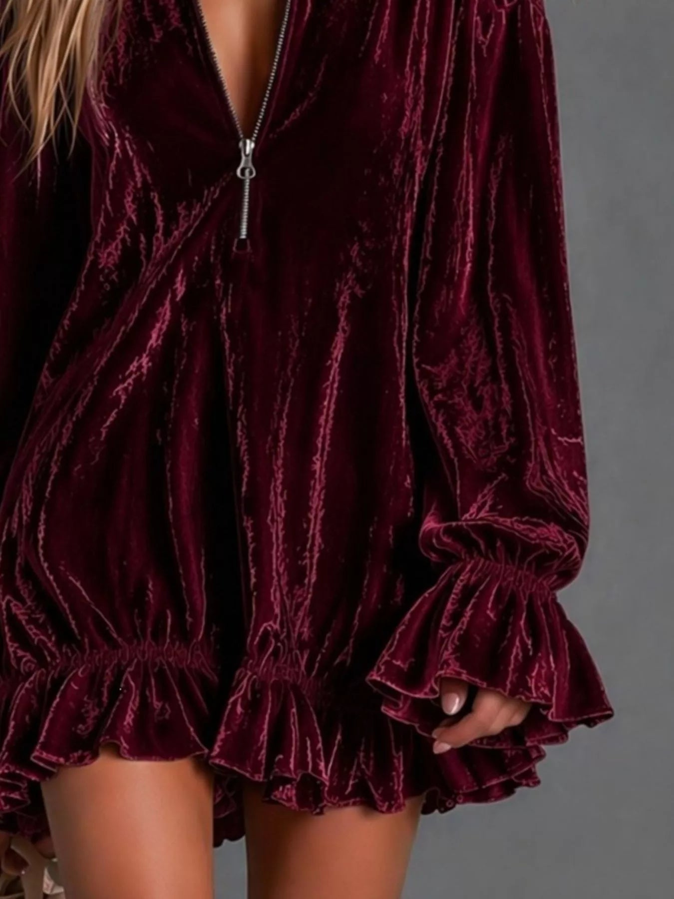 Zip-Front Ruffle-Hem Mini Dress