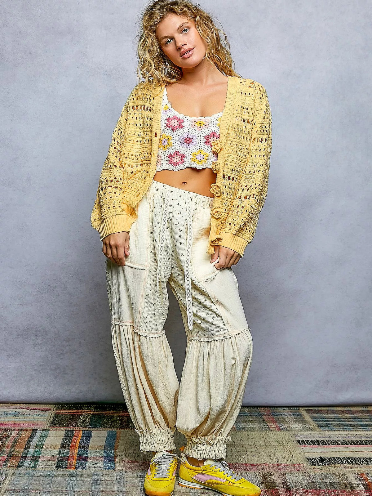 Open-Knit Floral Button Cardigan in Dandelion by POL