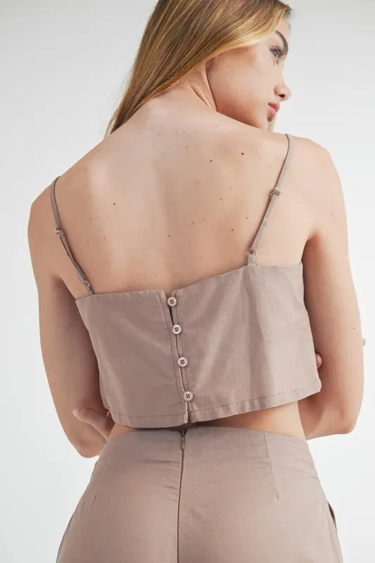 Linen Mix Crop Cami & Wide Leg Pants Set in Mocha