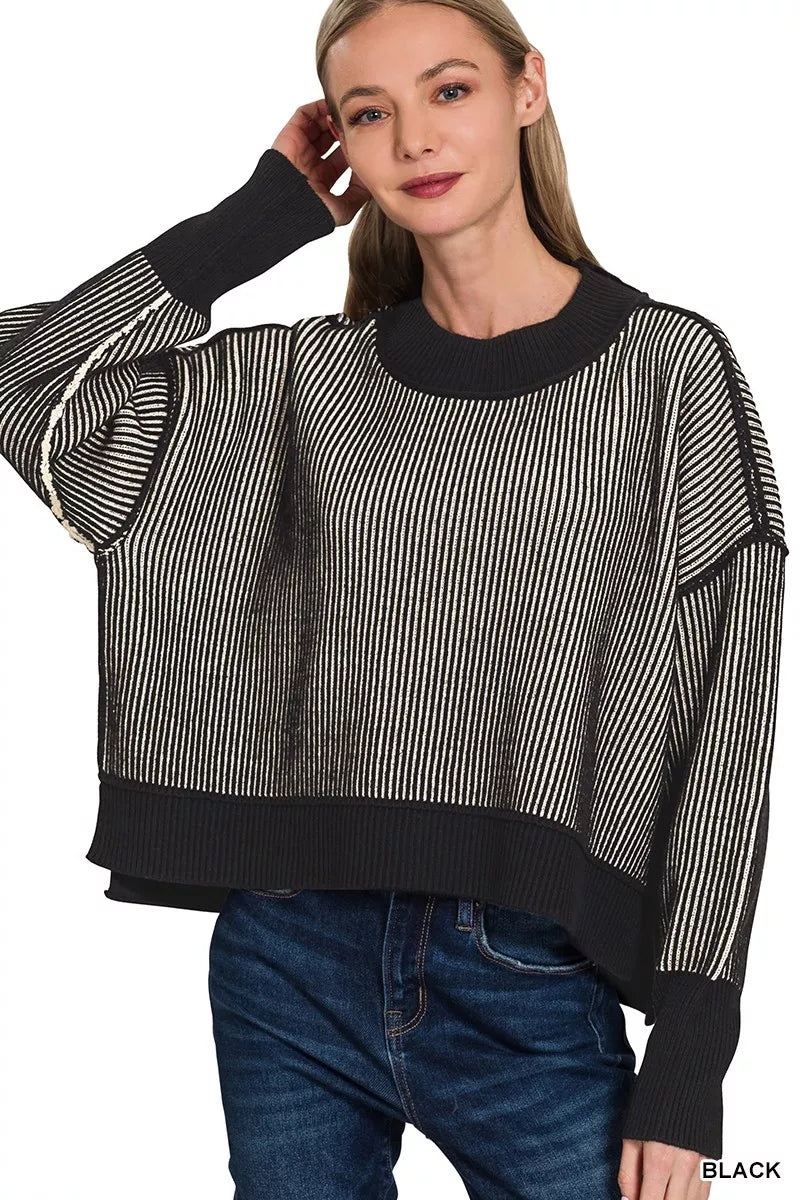 Zenana Ribbed Exposed Seam Two-Tone Sweater in Black