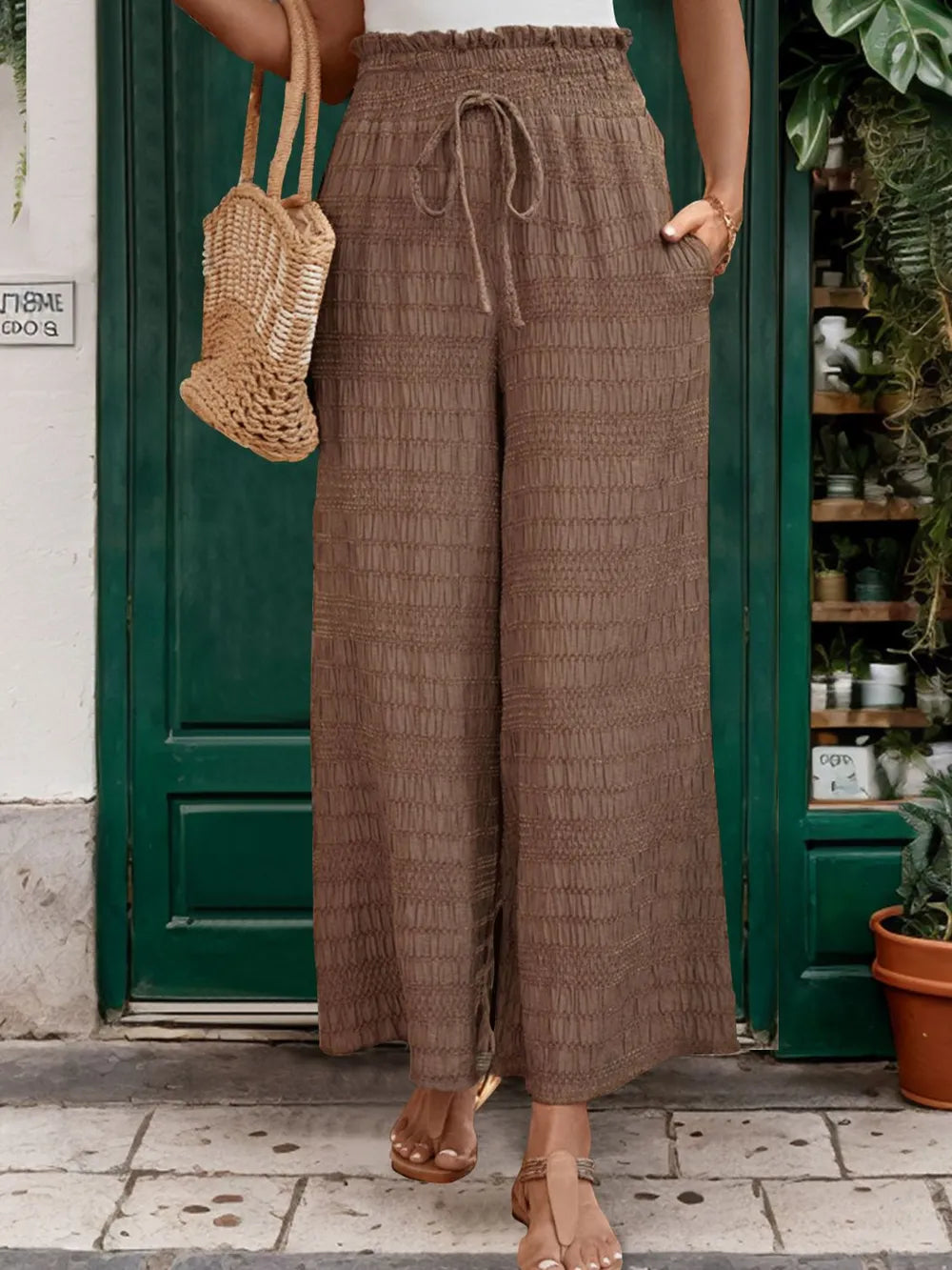 Tied Wide Leg Pants in Brown