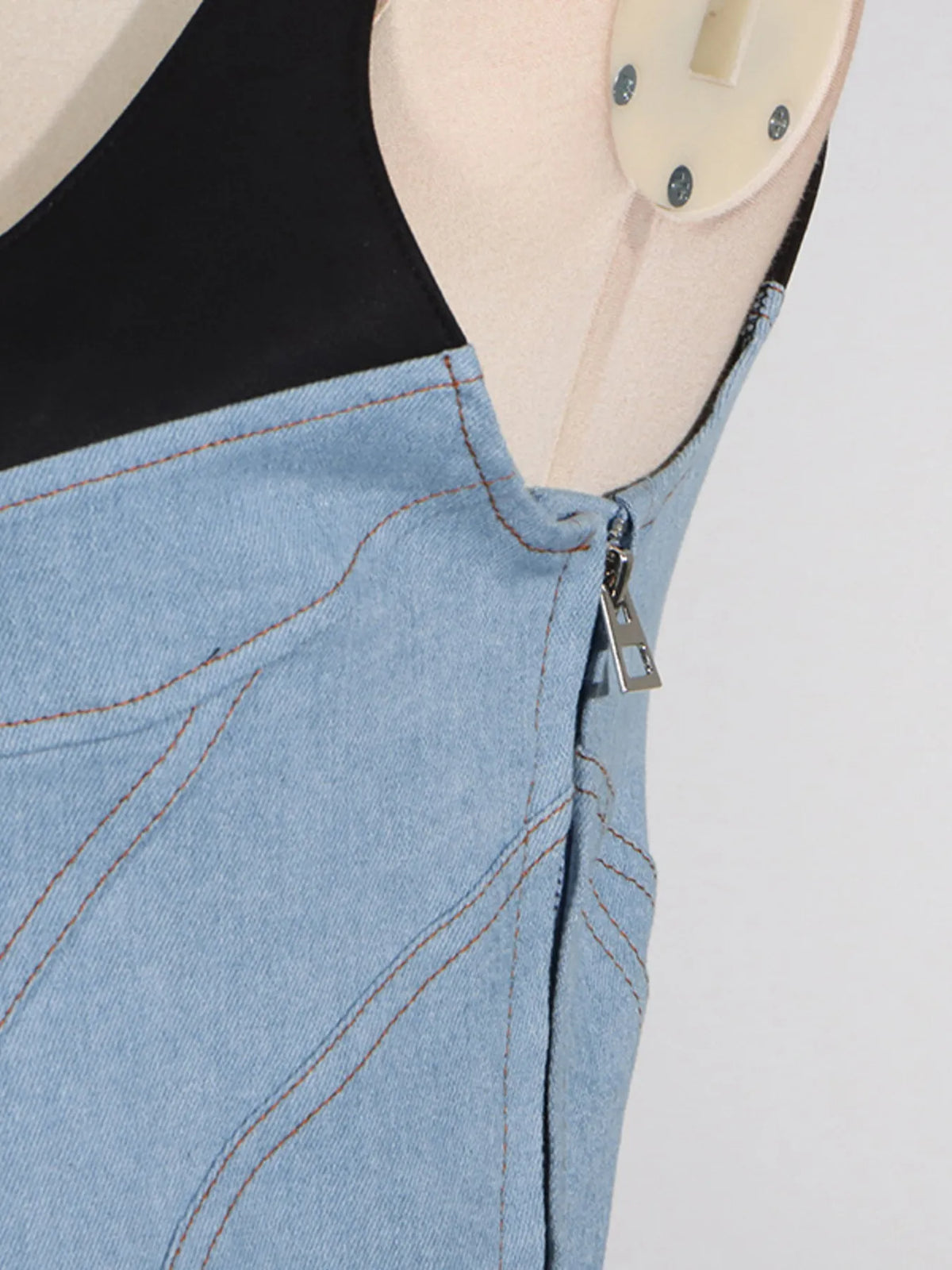 Contrast Adjustable Strap Denim Dress in Blue