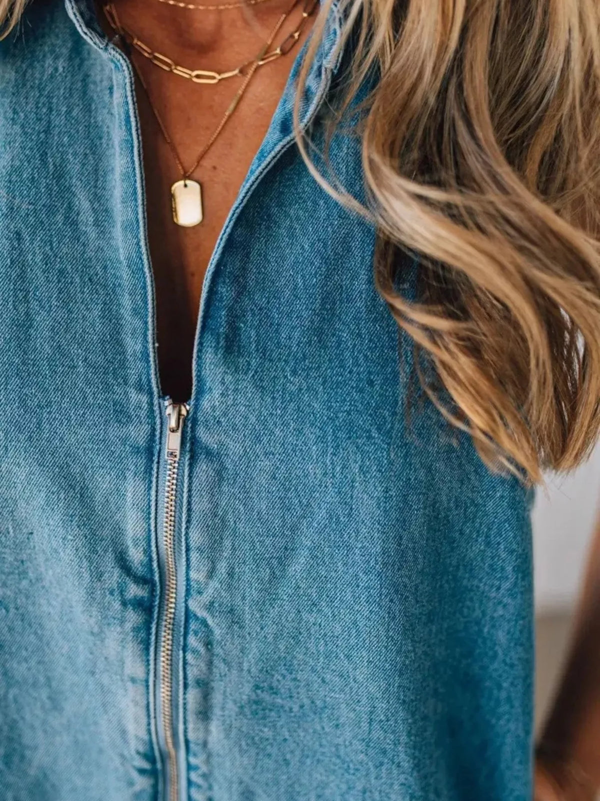 Sleeveless Zip-Up Denim Romper in Blue