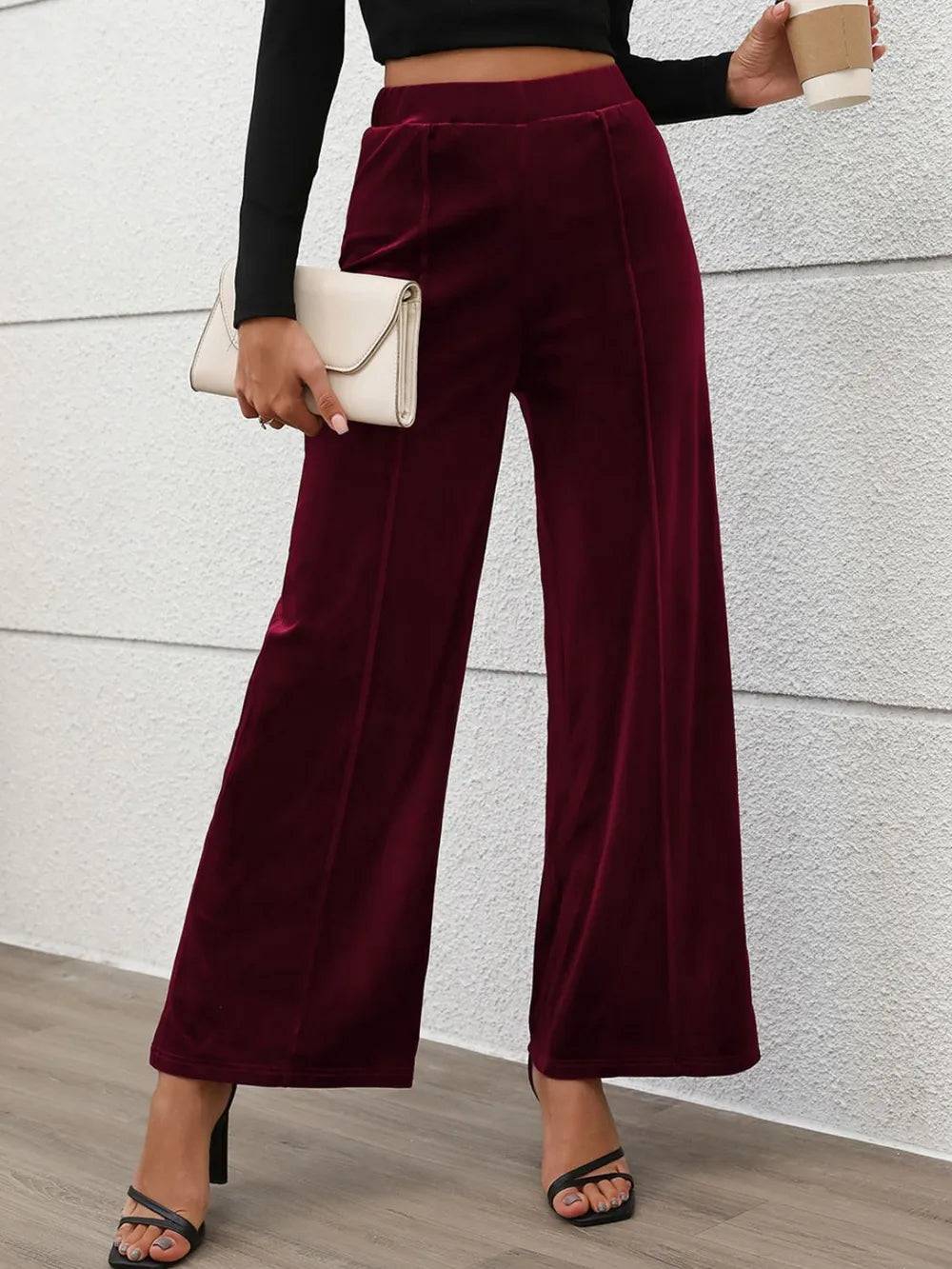 Elastic Waist Wide Leg Pants in Burgundy