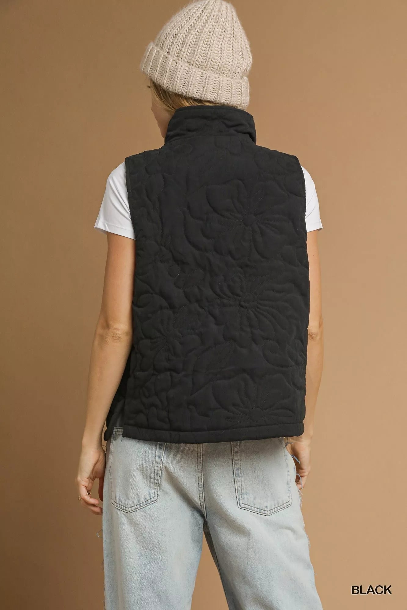 Umgee Quilted Floral Zip Vest in Black