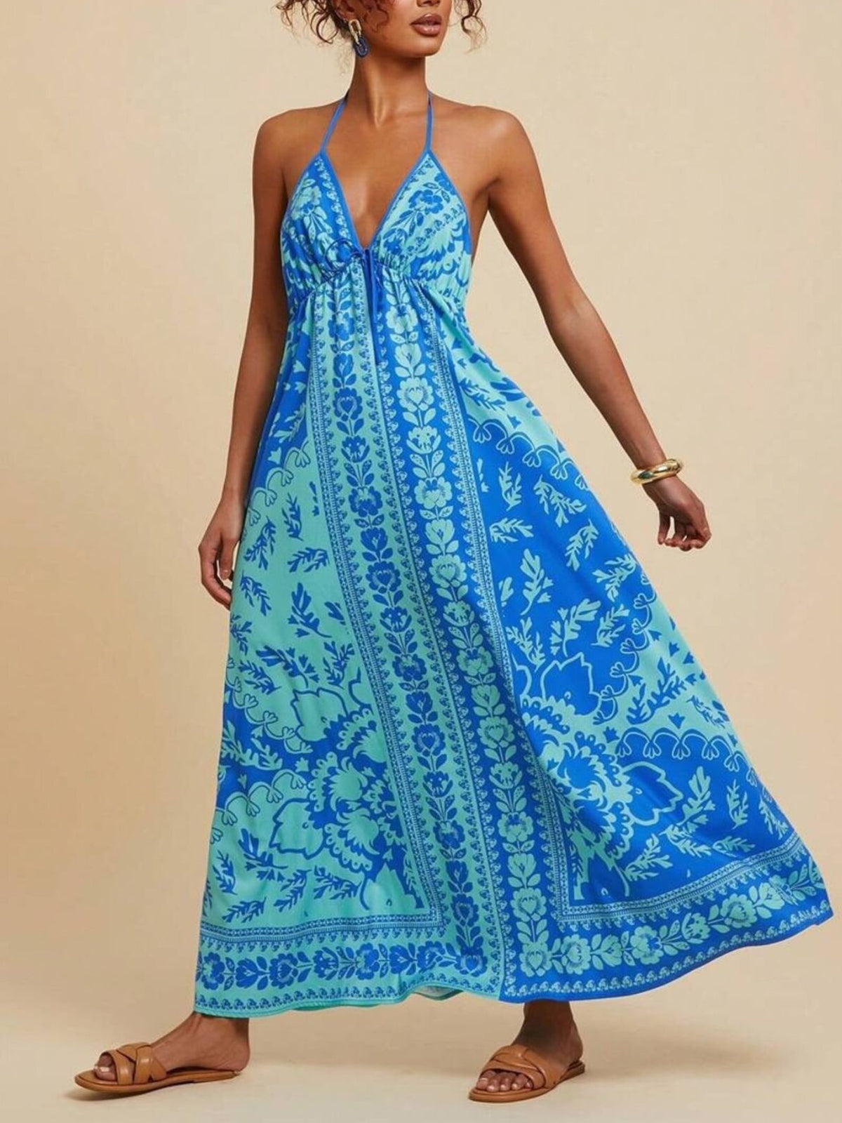 Bohemian Floral Halter Maxi Dress in Blue