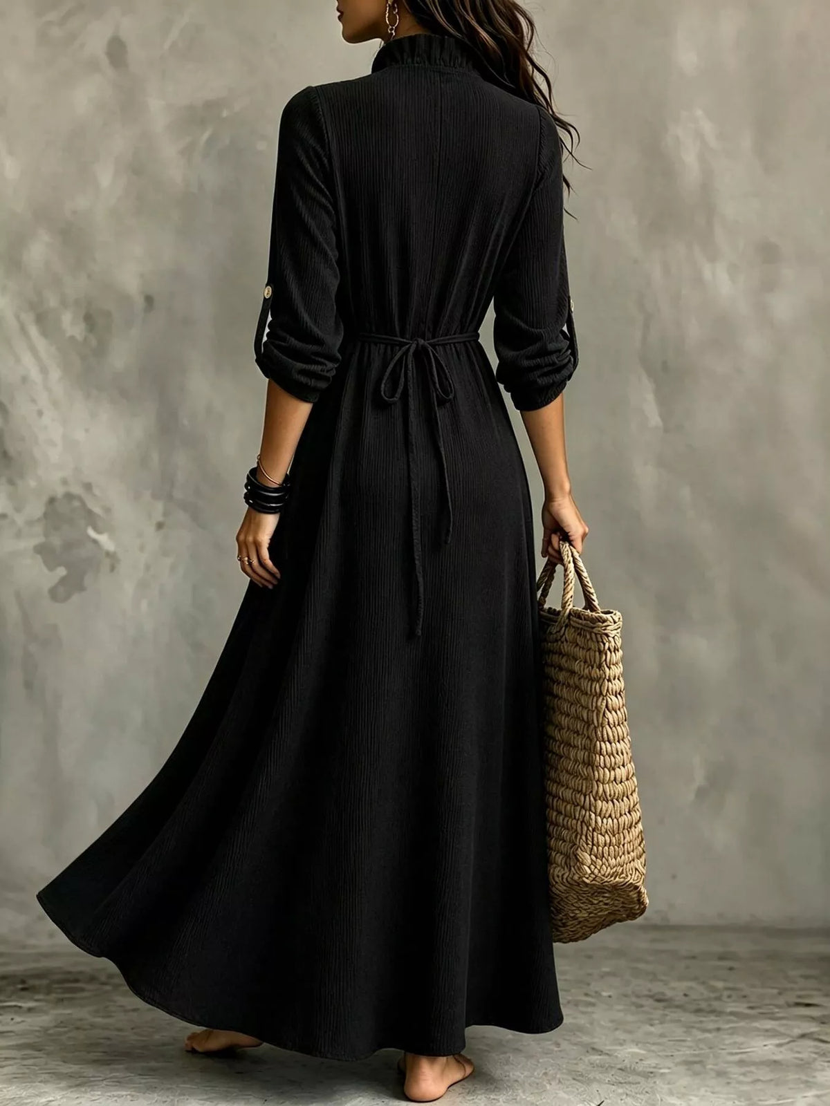 V-Neck Ruffled Maxi Dress with Roll-Up Sleeves
