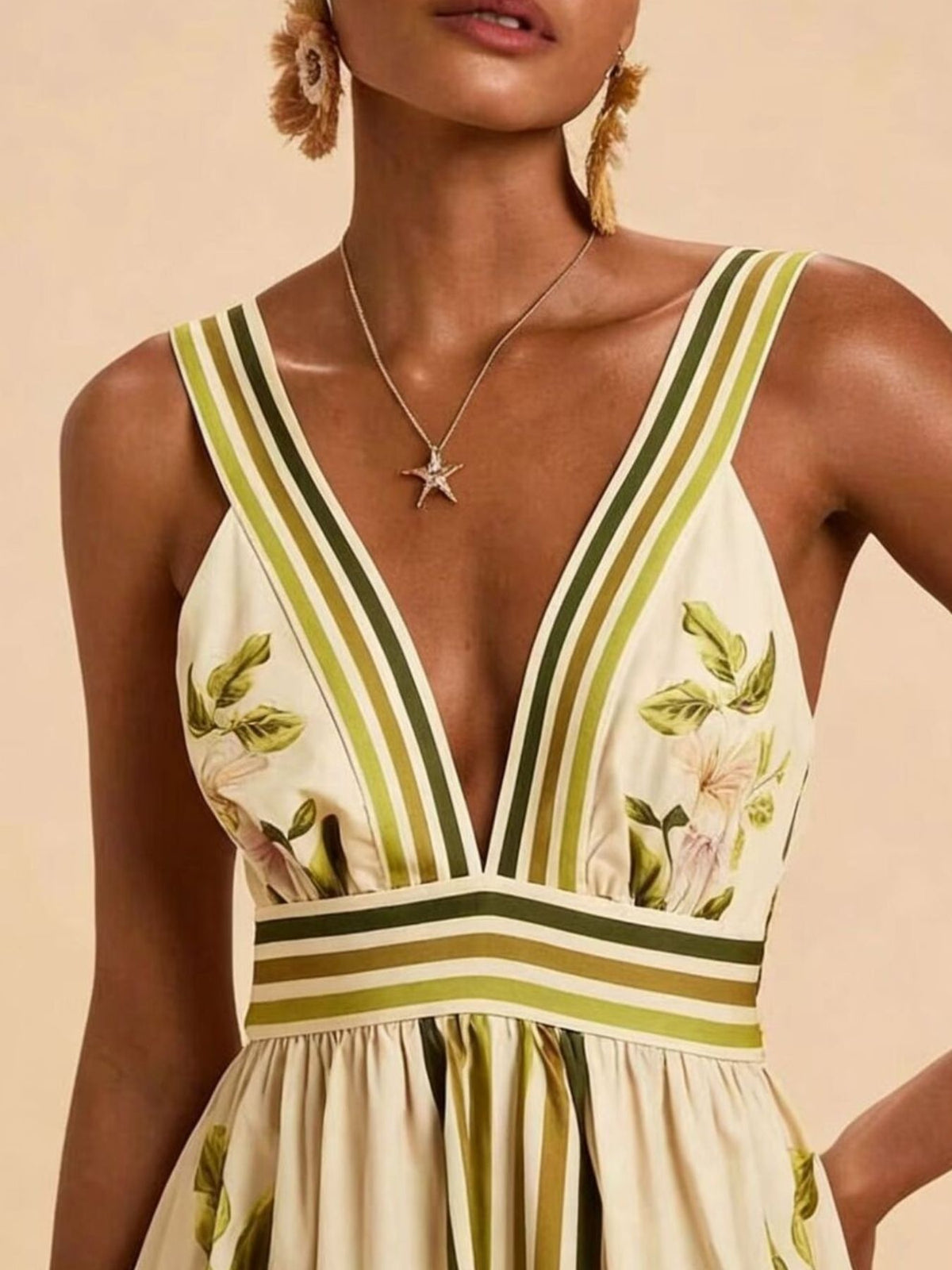 Tropical Print V-Neck Maxi Dress in Sage