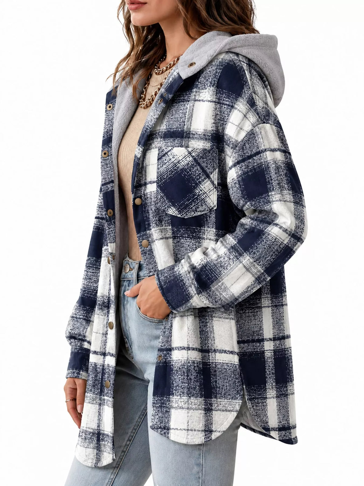 Plaid Hooded Button-Up Jacket