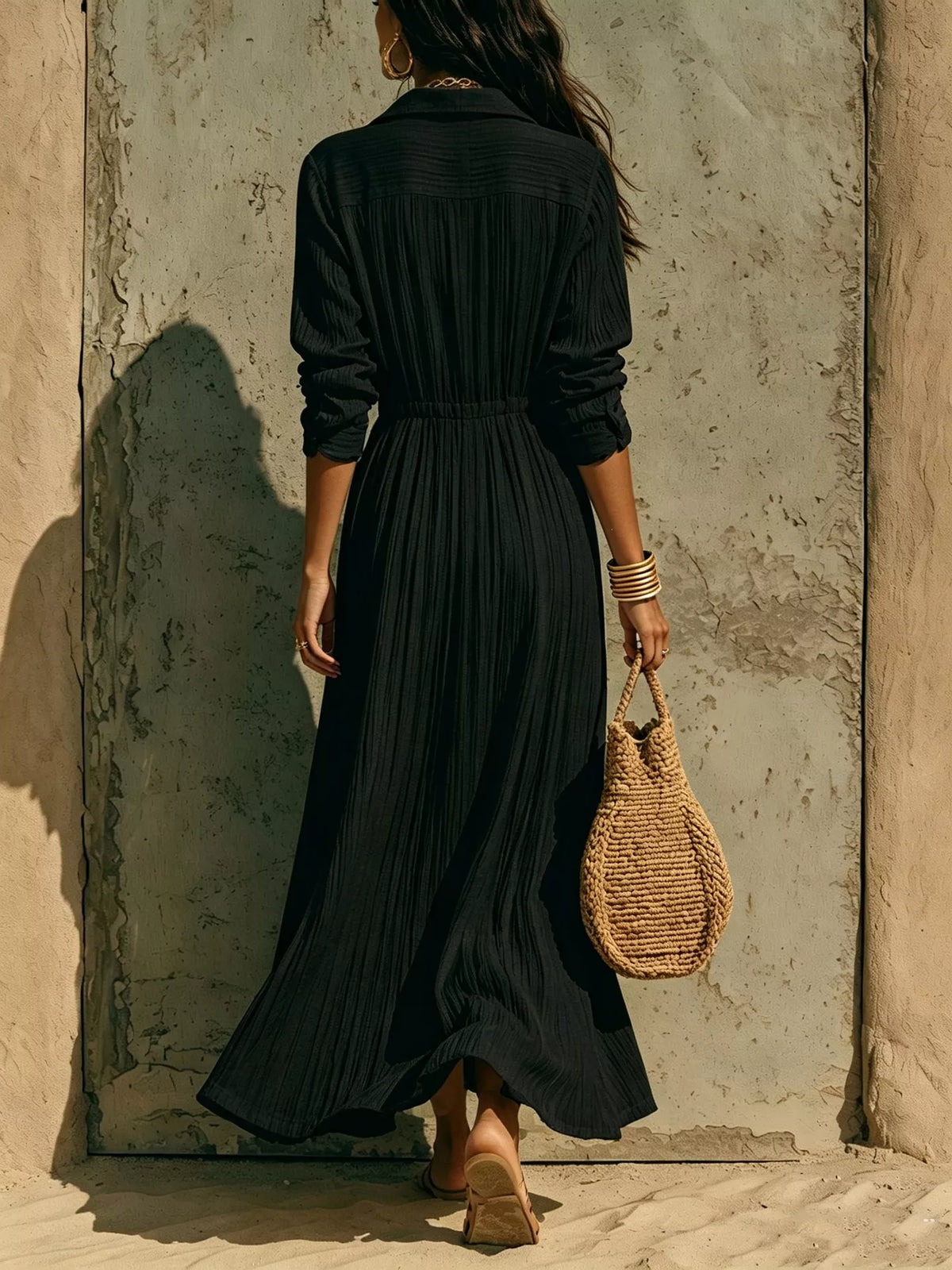 Textured Button Front Long Sleeve Maxi Dress