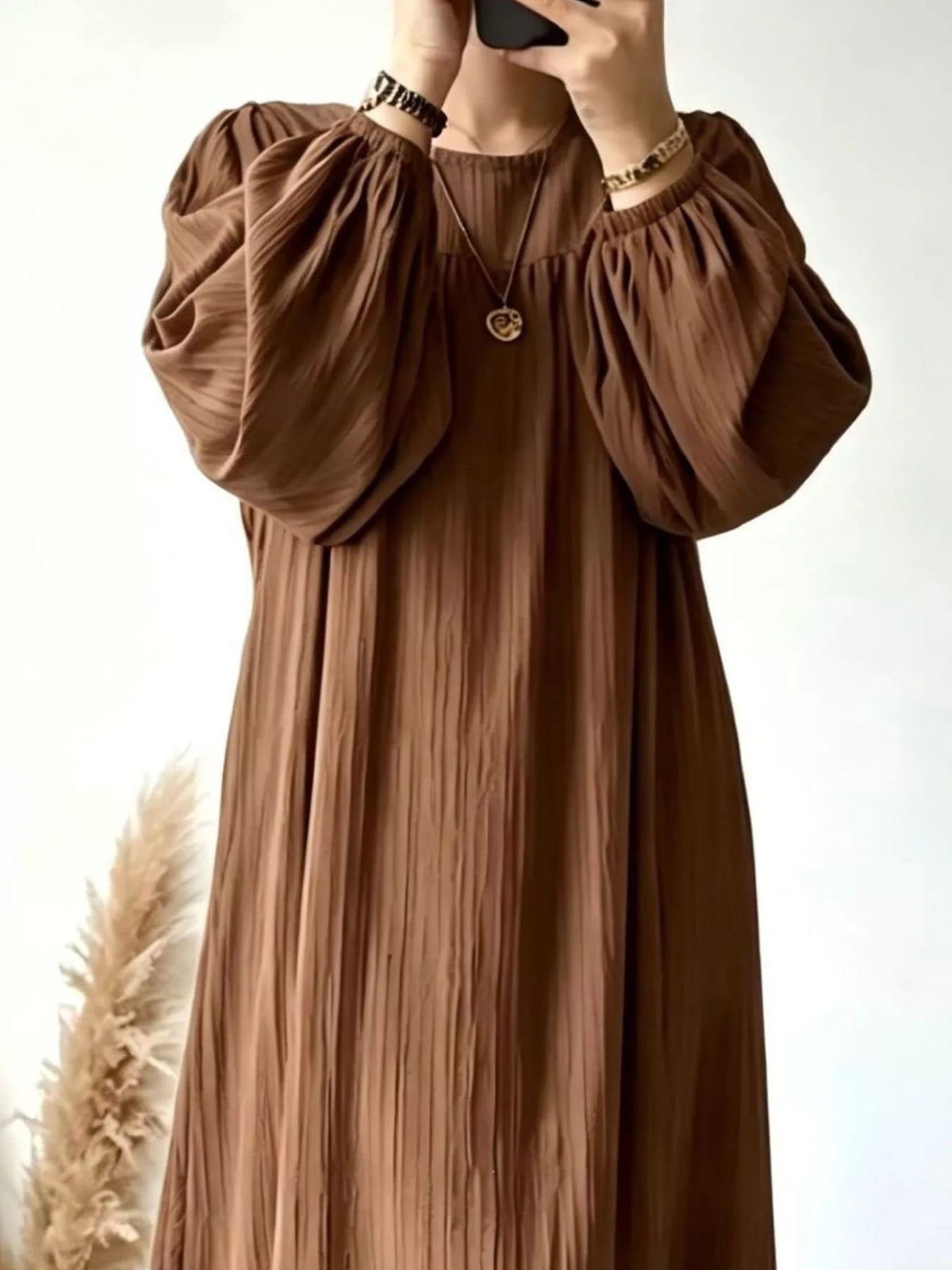 Textured Puff-Sleeve Maxi Dress