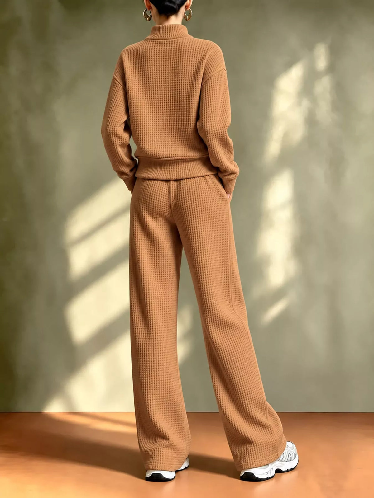 Waffle Knit Button-Up and Wide-Leg Pants Set