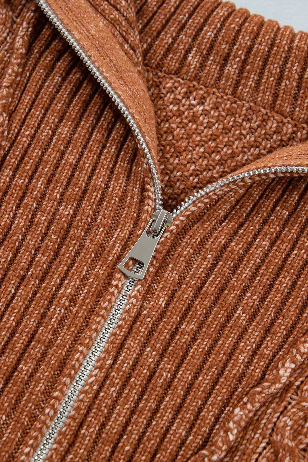 Zip-Up Cable Knit Drop Shoulder Sweater Dress in Caramel