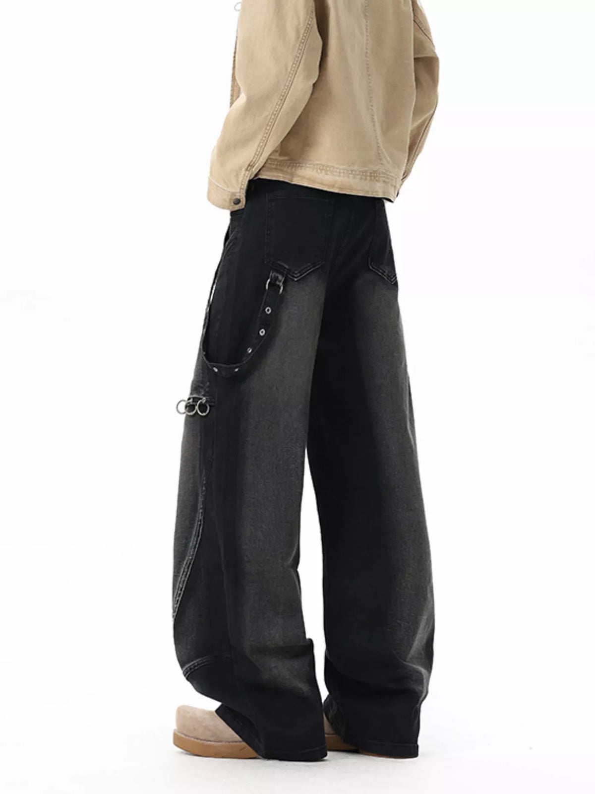 Belted Wide Leg Jeans with Chain Detail