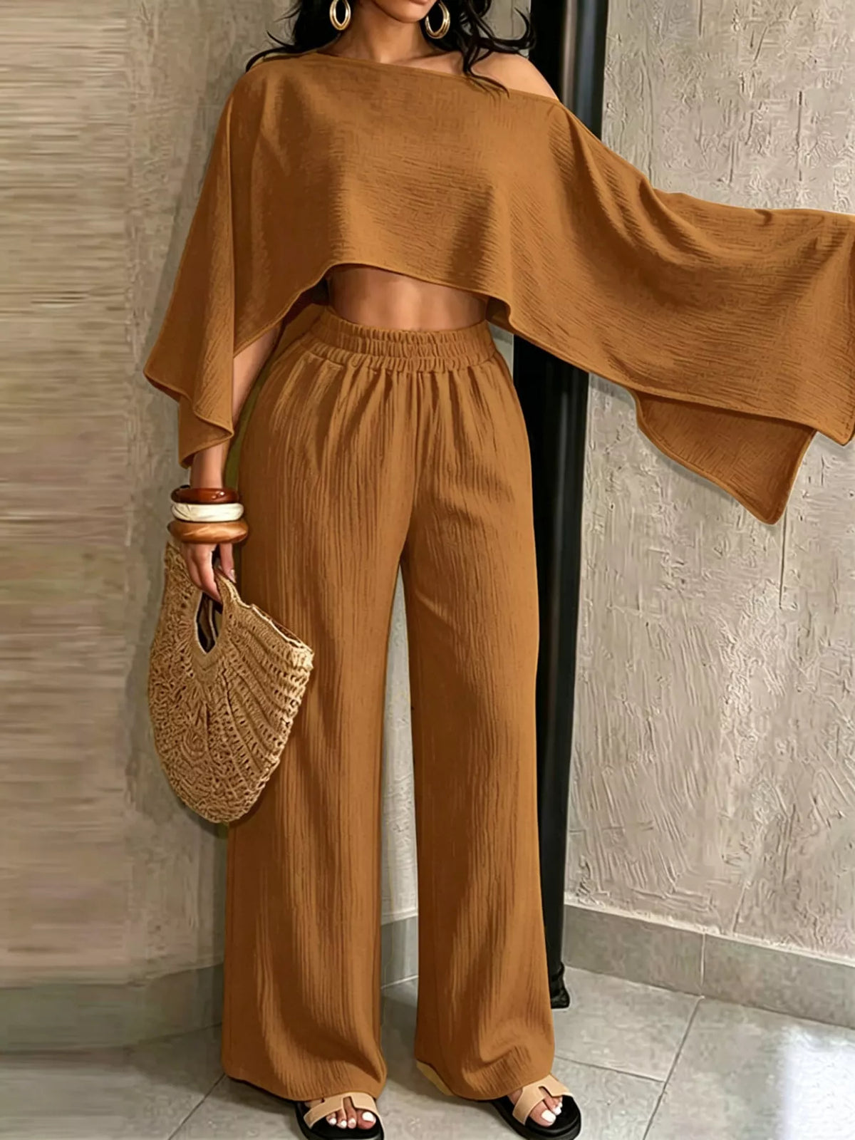 Boat Neck Crop Top and Wide-Leg Pants Set