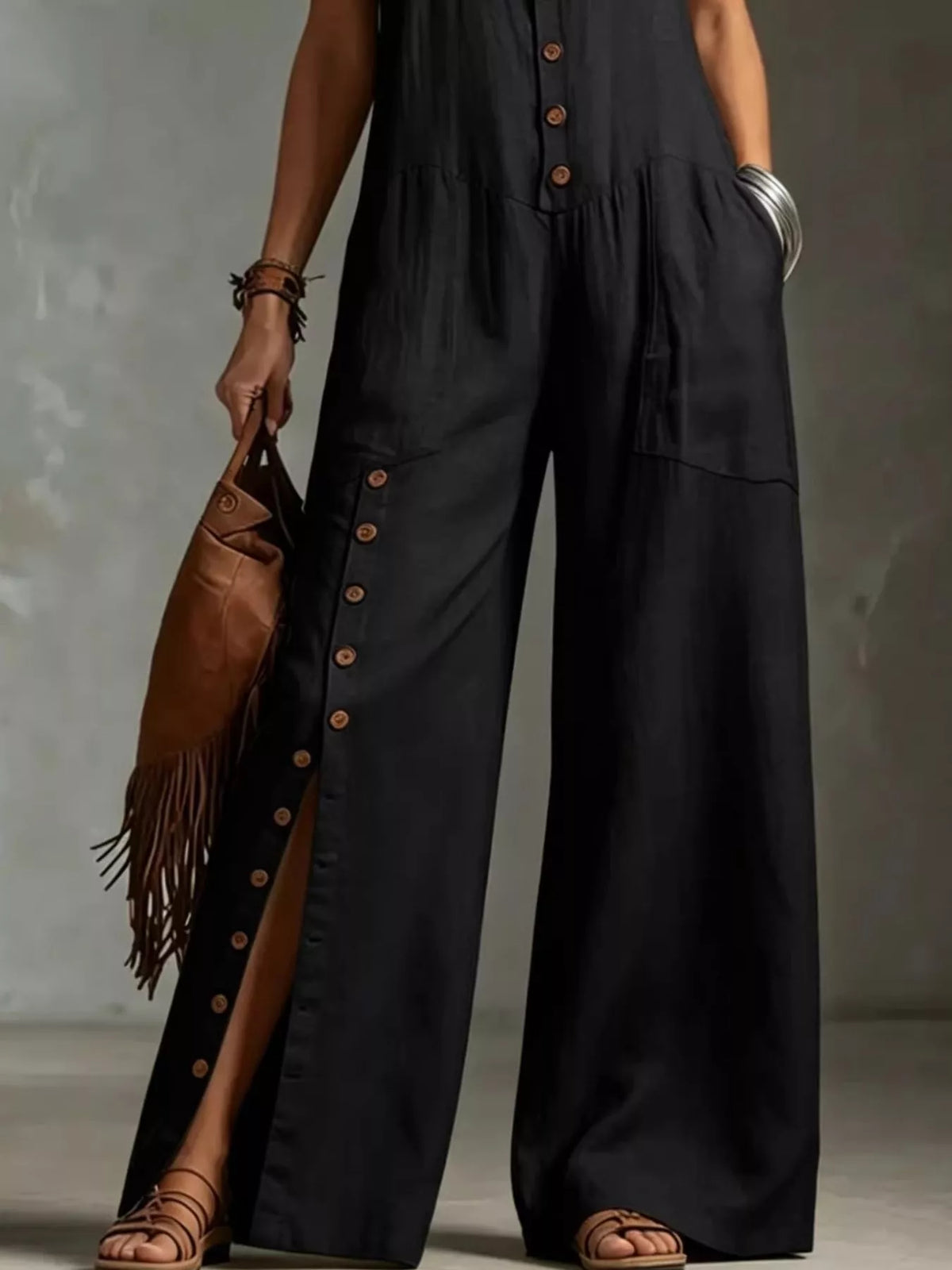 Sleeveless Button Front Wide Leg Jumpsuit Plus Size